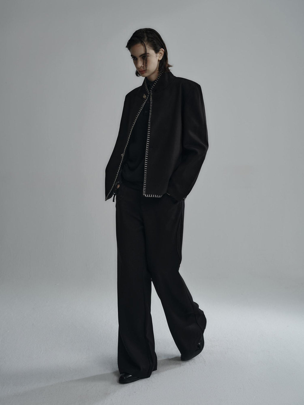 Hypeyourself Cotton Stretch Minimalist Stand Collar Short Unisex Black Ivory Cropped Jackets