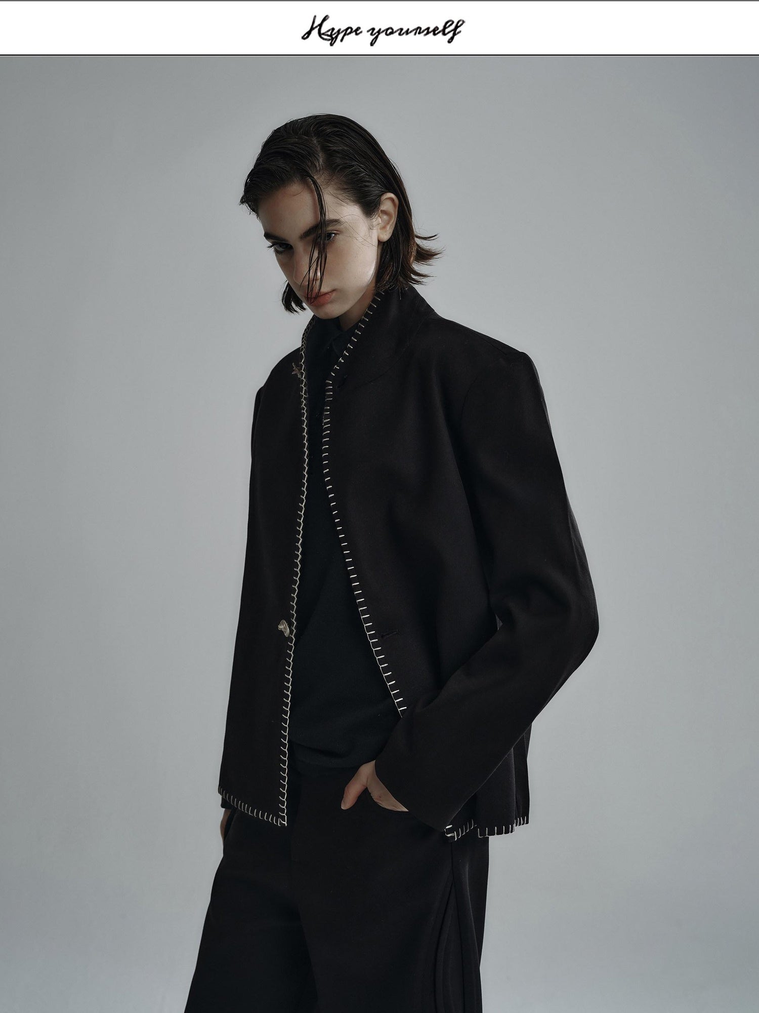 Hypeyourself Cotton Stretch Minimalist Stand Collar Short Unisex Black Ivory Cropped Jackets