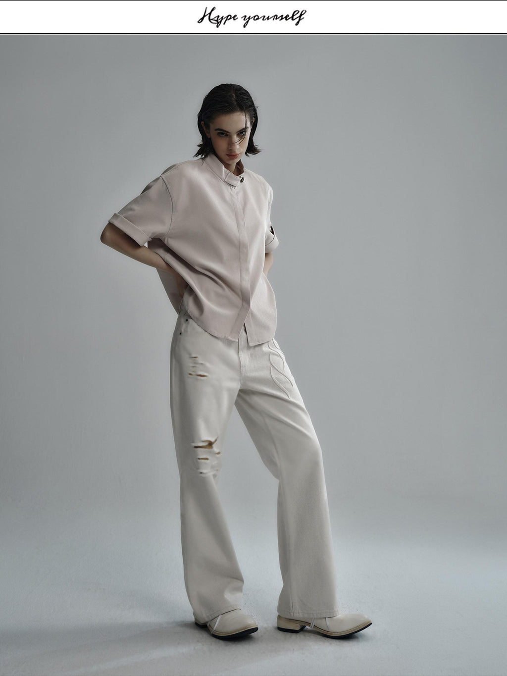 Hypeyourself Durable Cotton Pleated Mid Rise Wide Euro Casual White Flared Jeans