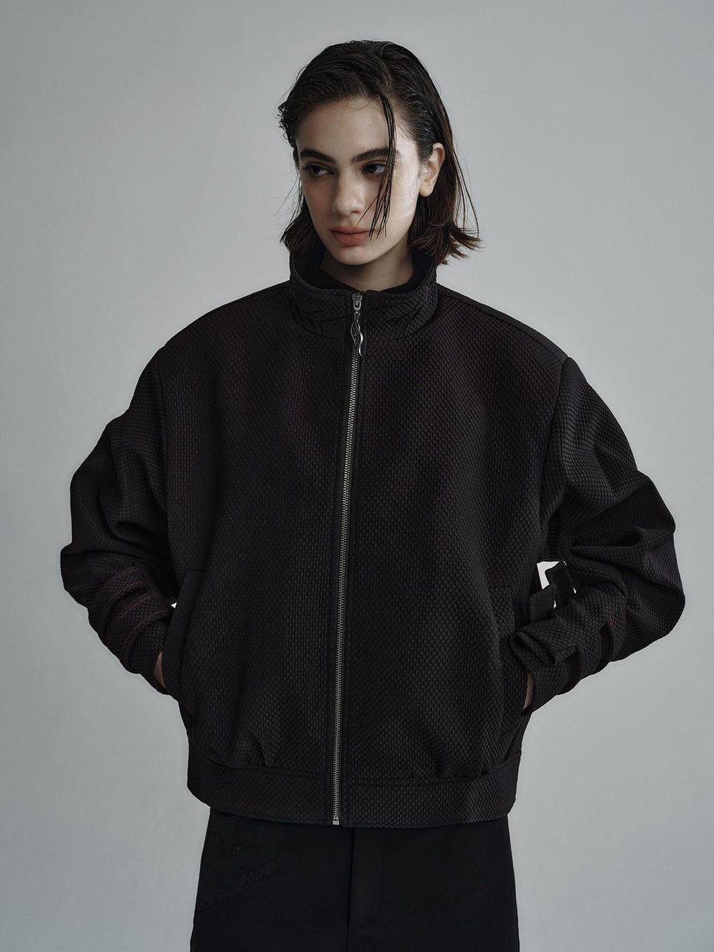 Hypeyourself Embroidered Boxy Stand Collar Minimalist Unisex Black Stretch Cropped Jackets