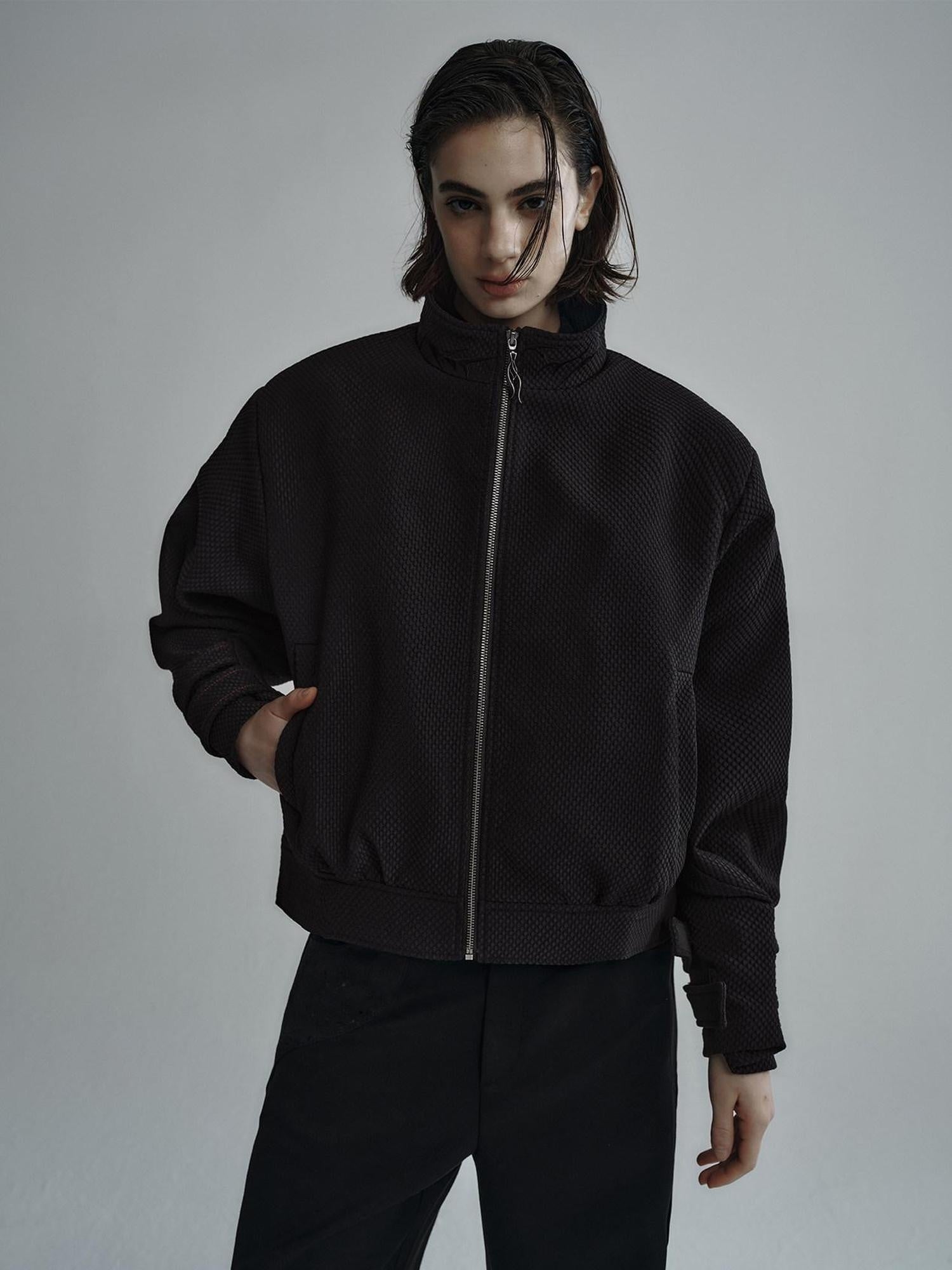 Hypeyourself Embroidered Boxy Stand Collar Minimalist Unisex Black Stretch Cropped Jackets
