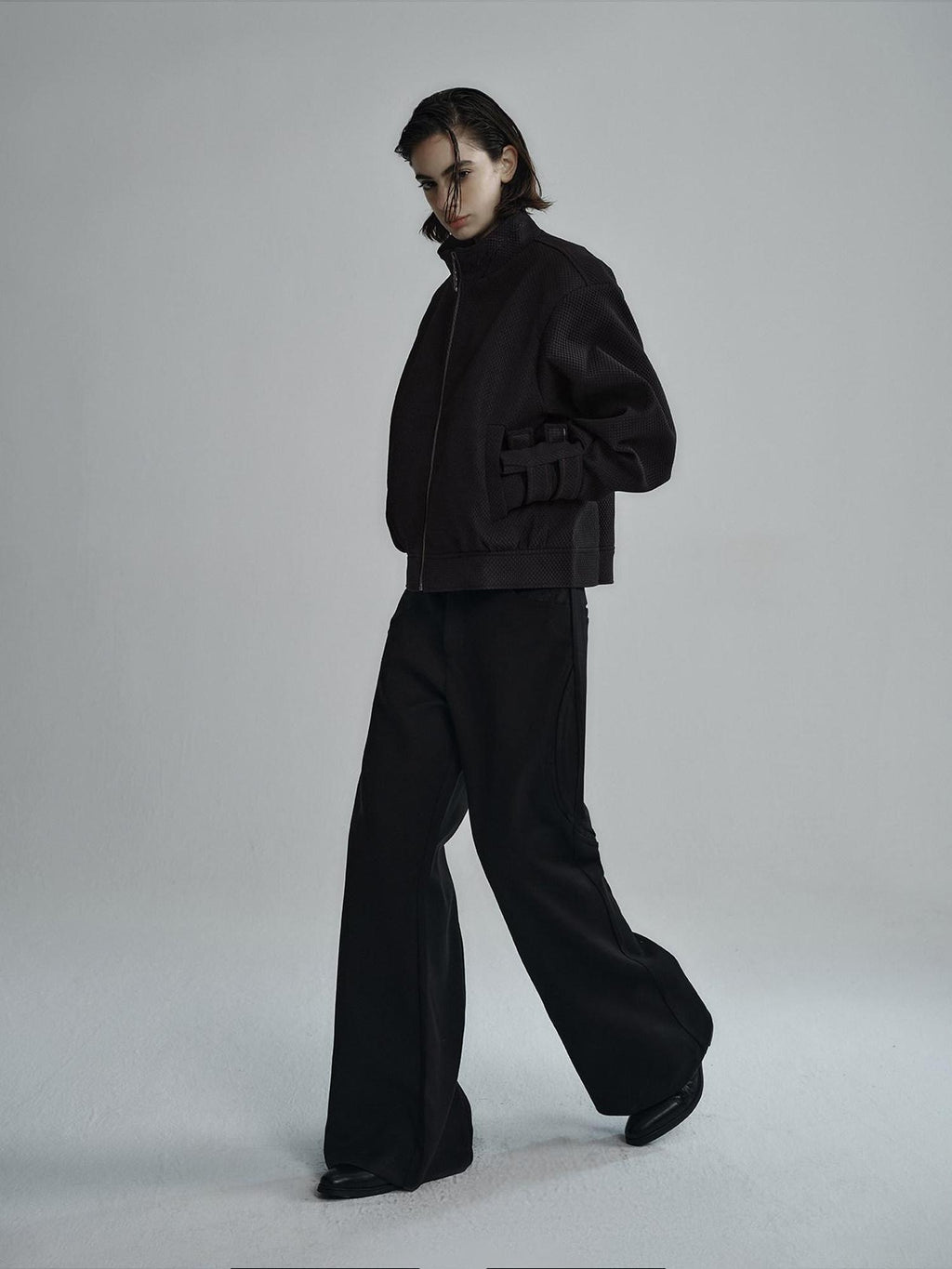 Hypeyourself Embroidered Boxy Stand Collar Minimalist Unisex Black Stretch Cropped Jackets