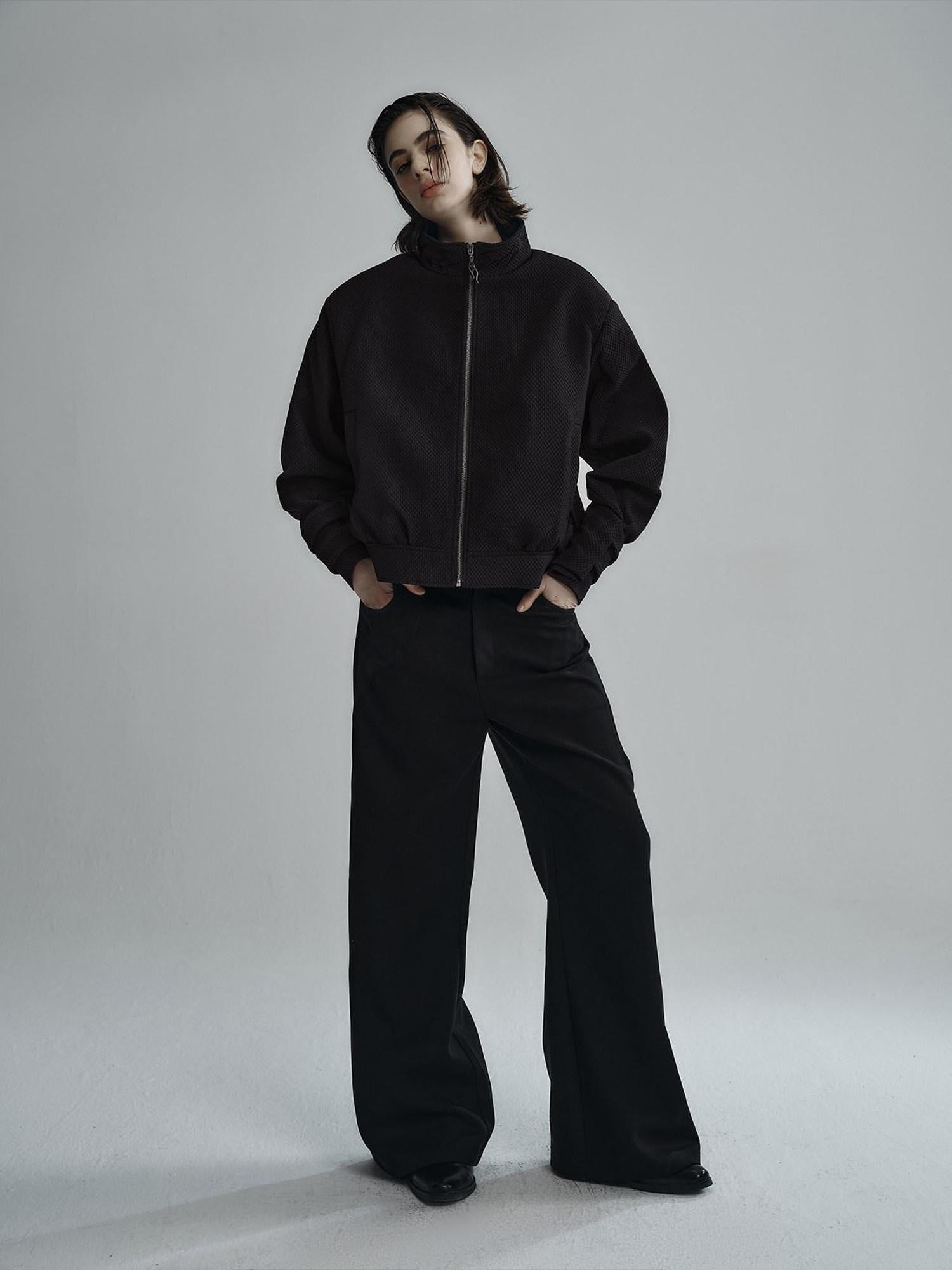 Hypeyourself Embroidered Boxy Stand Collar Minimalist Unisex Black Stretch Cropped Jackets