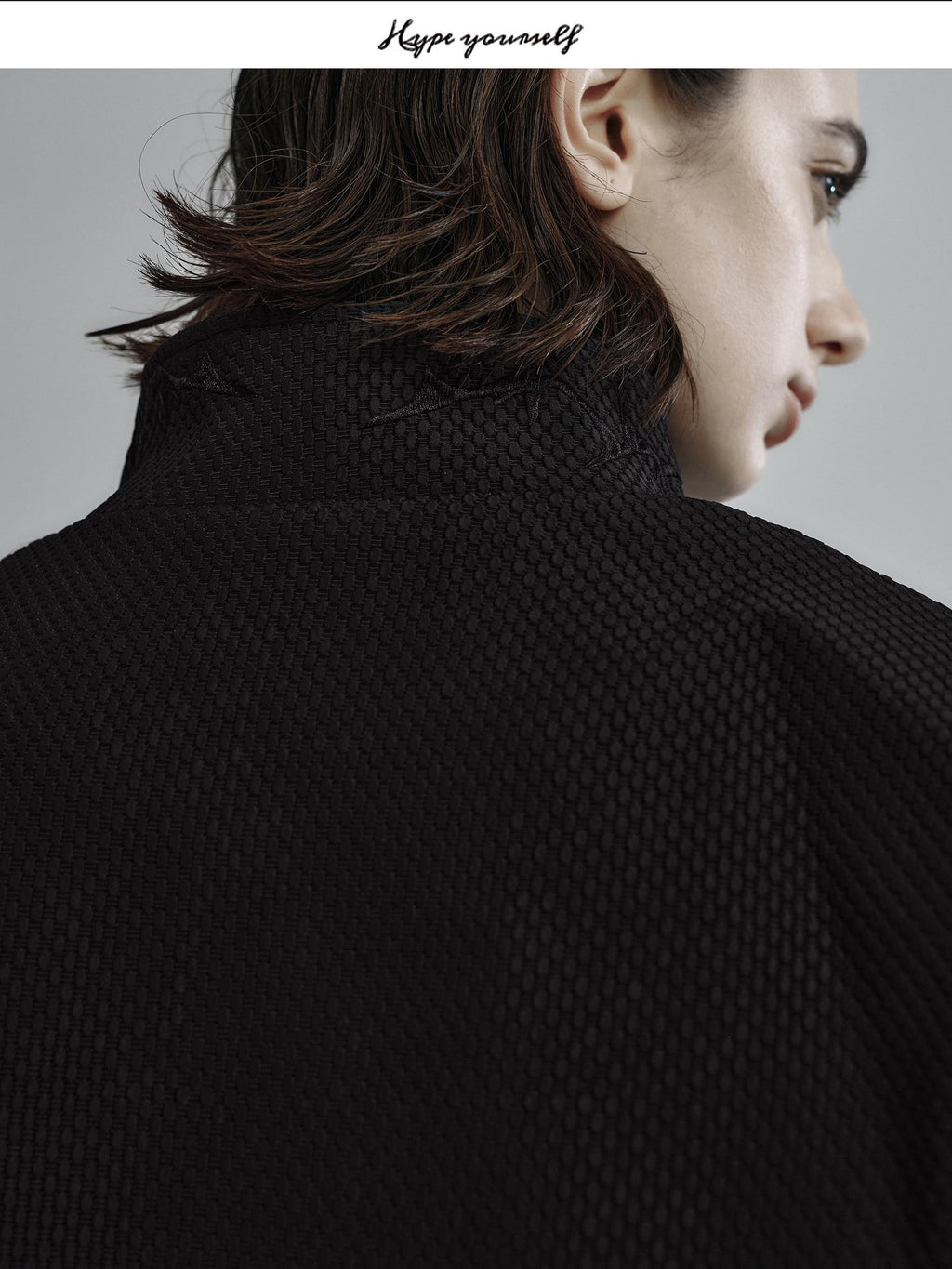 Hypeyourself Embroidered Boxy Stand Collar Minimalist Unisex Black Stretch Cropped Jackets