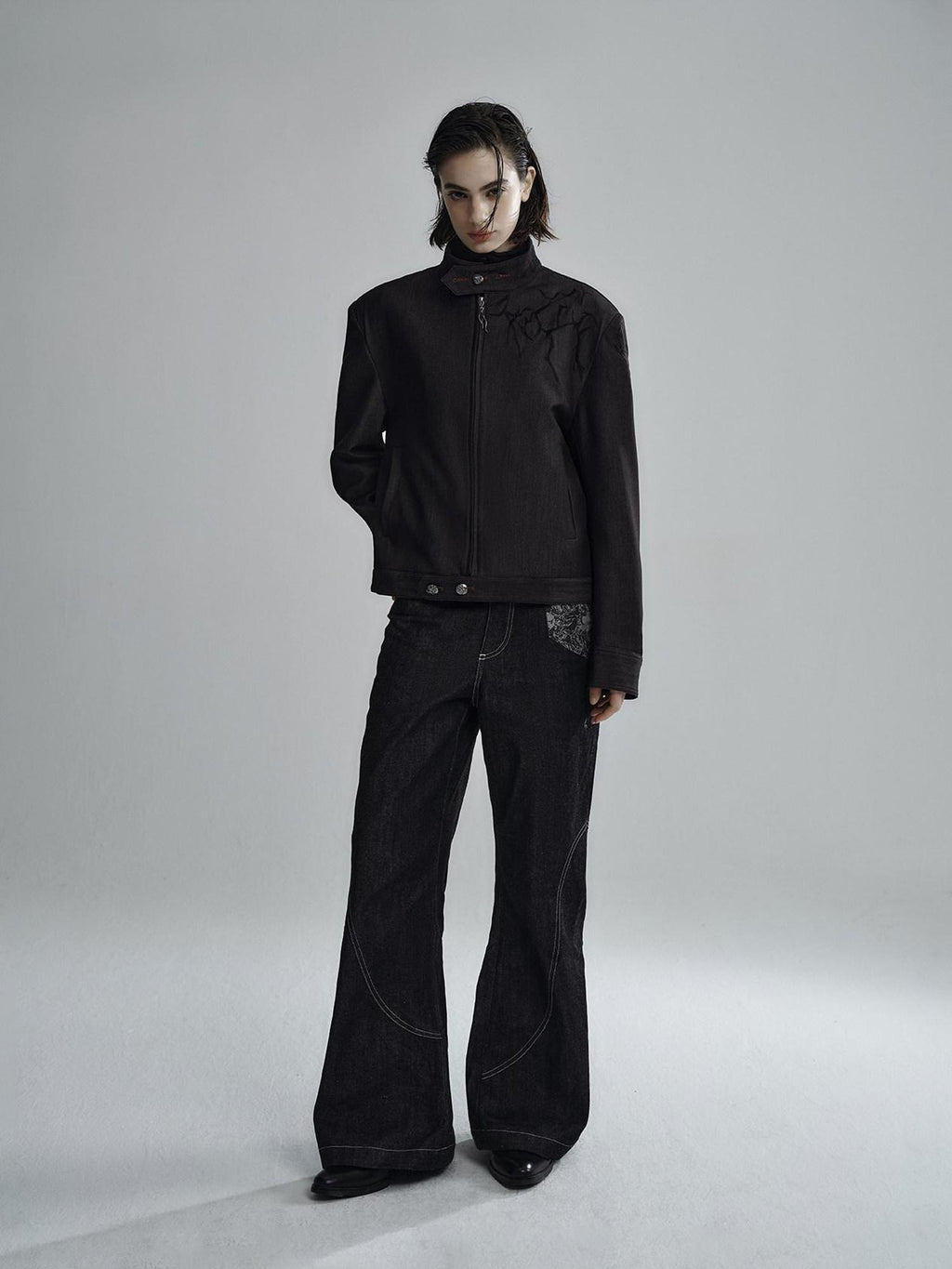 Hypeyourself Embroidered Loose Fit Stand Collar Striped Unisex Urban Polyester Cropped Jackets