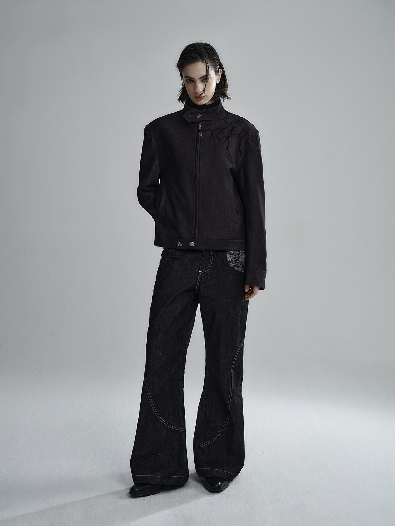 Hypeyourself Embroidered Loose Fit Stand Collar Striped Unisex Urban Polyester Cropped Jackets
