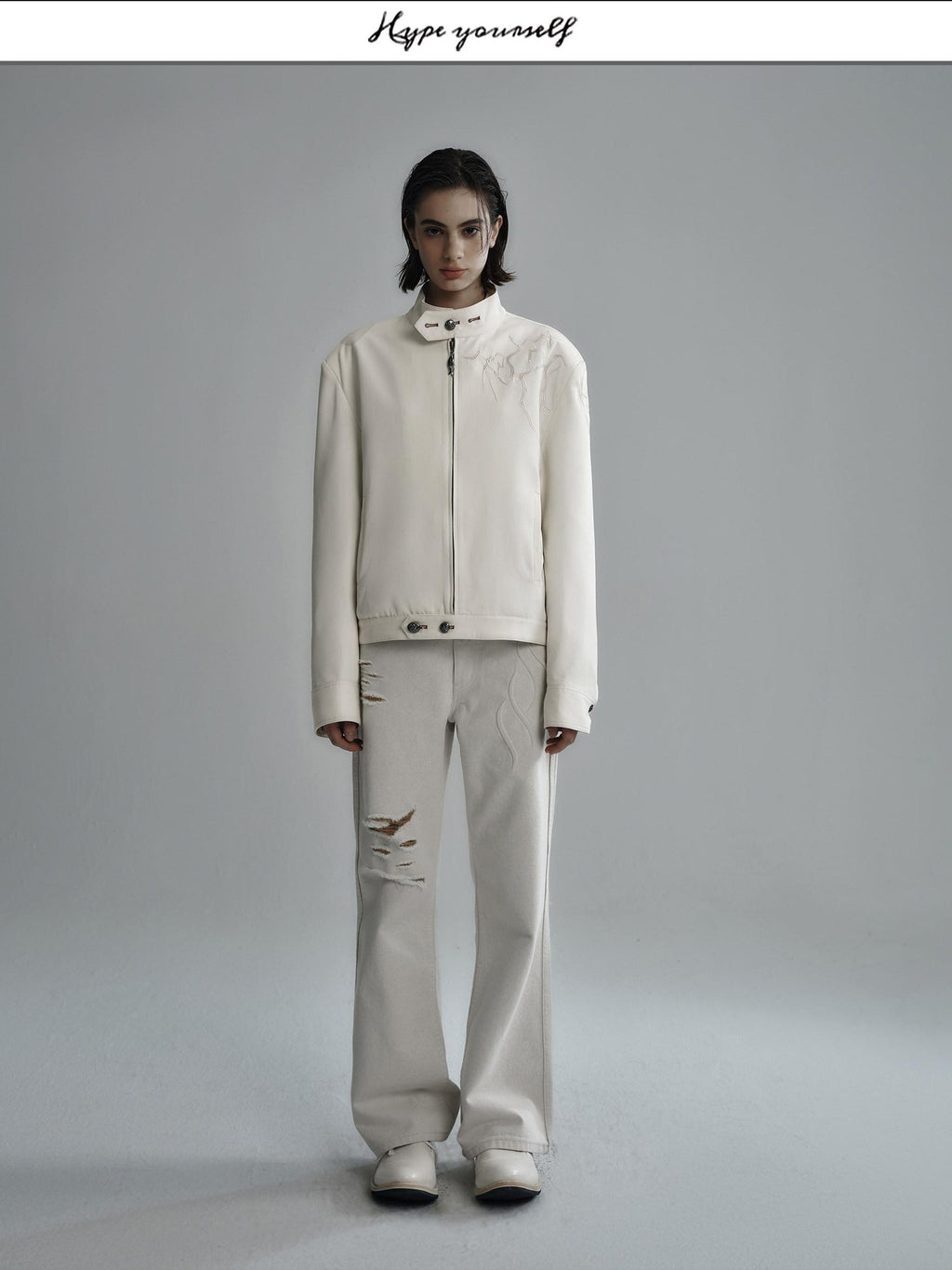 Hypeyourself Embroidered Loose Fit Stand Collar Striped Unisex Urban Polyester Cropped Jackets