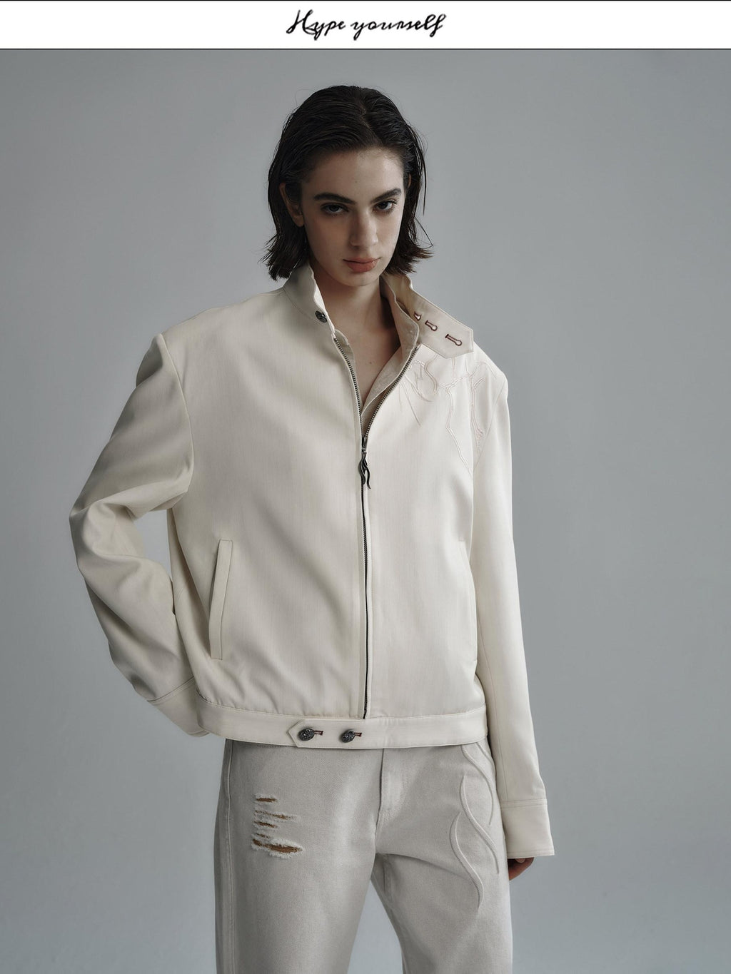 Hypeyourself Embroidered Loose Fit Stand Collar Striped Unisex Urban Polyester Cropped Jackets