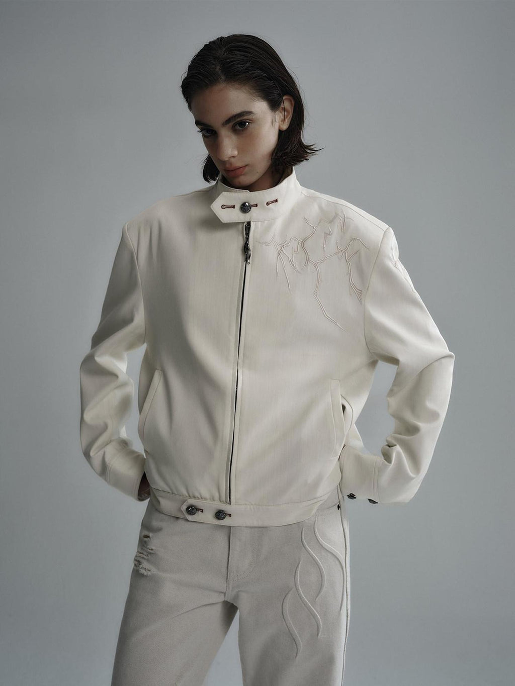 Hypeyourself Embroidered Loose Fit Stand Collar Striped Unisex Urban Polyester Cropped Jackets