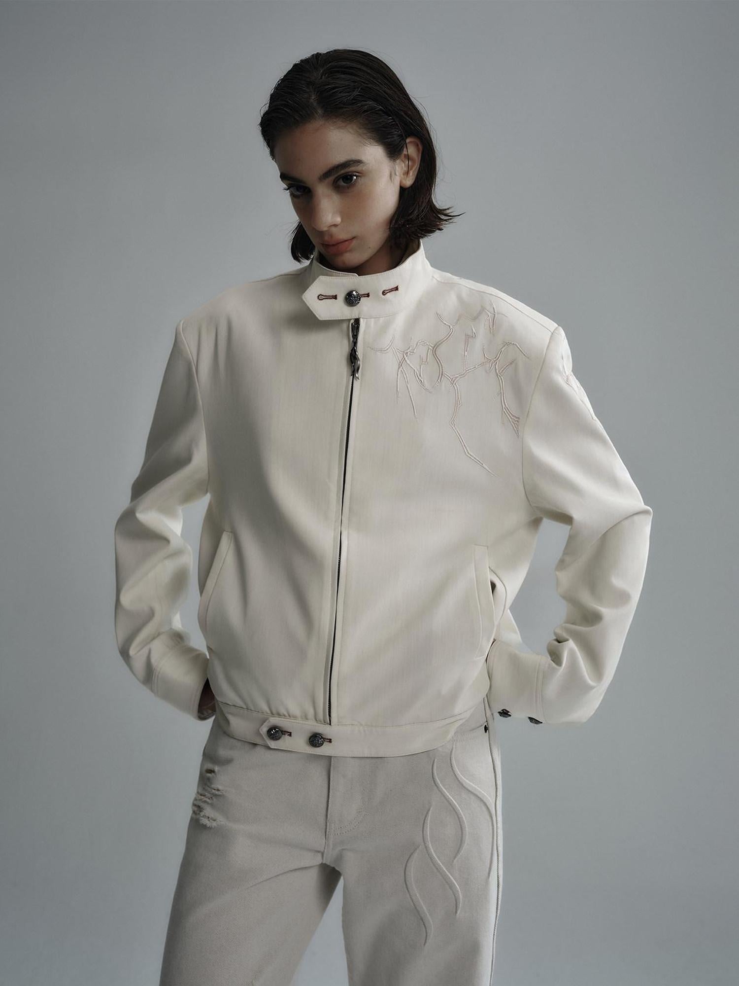 Hypeyourself Embroidered Loose Fit Stand Collar Striped Unisex Urban Polyester Cropped Jackets