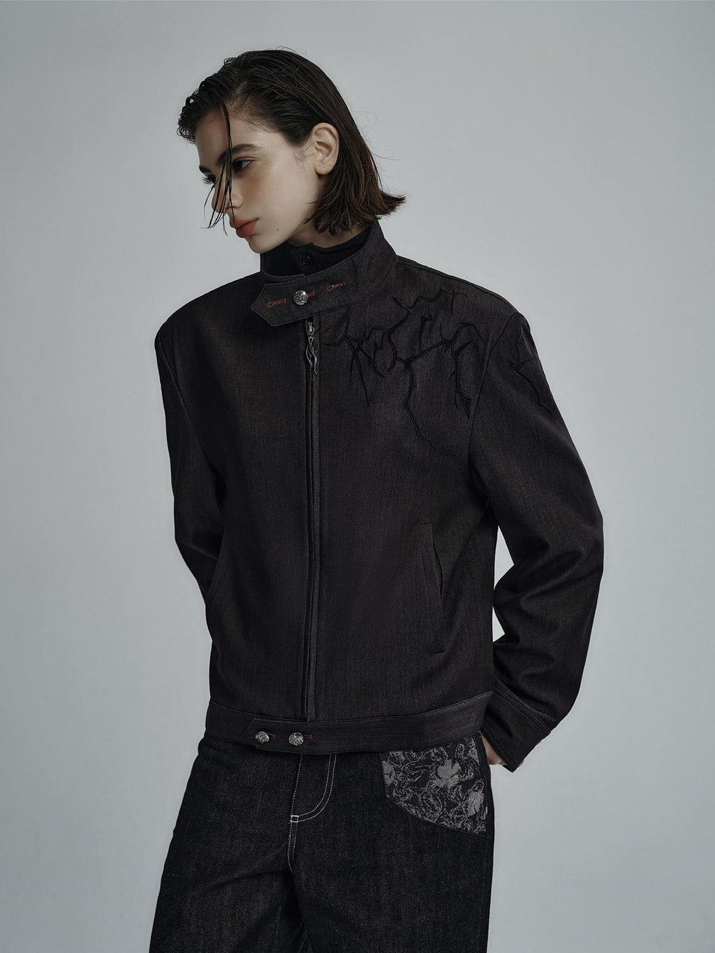 Hypeyourself Embroidered Loose Fit Stand Collar Striped Unisex Urban Polyester Cropped Jackets