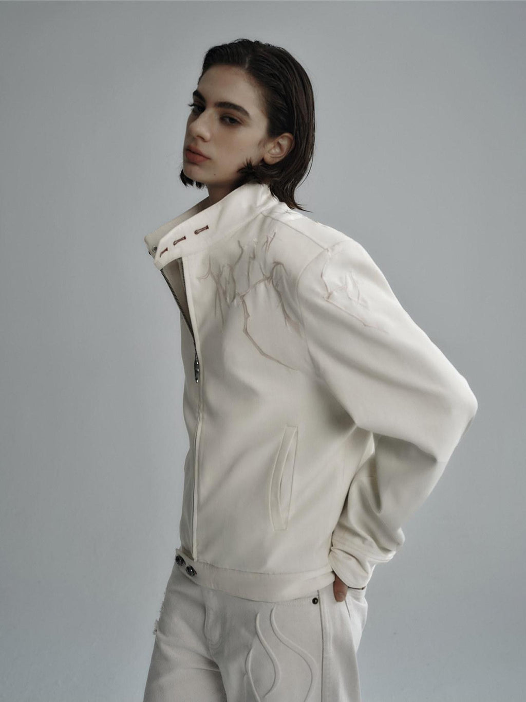 Hypeyourself Embroidered Loose Fit Stand Collar Striped Unisex Urban Polyester Cropped Jackets