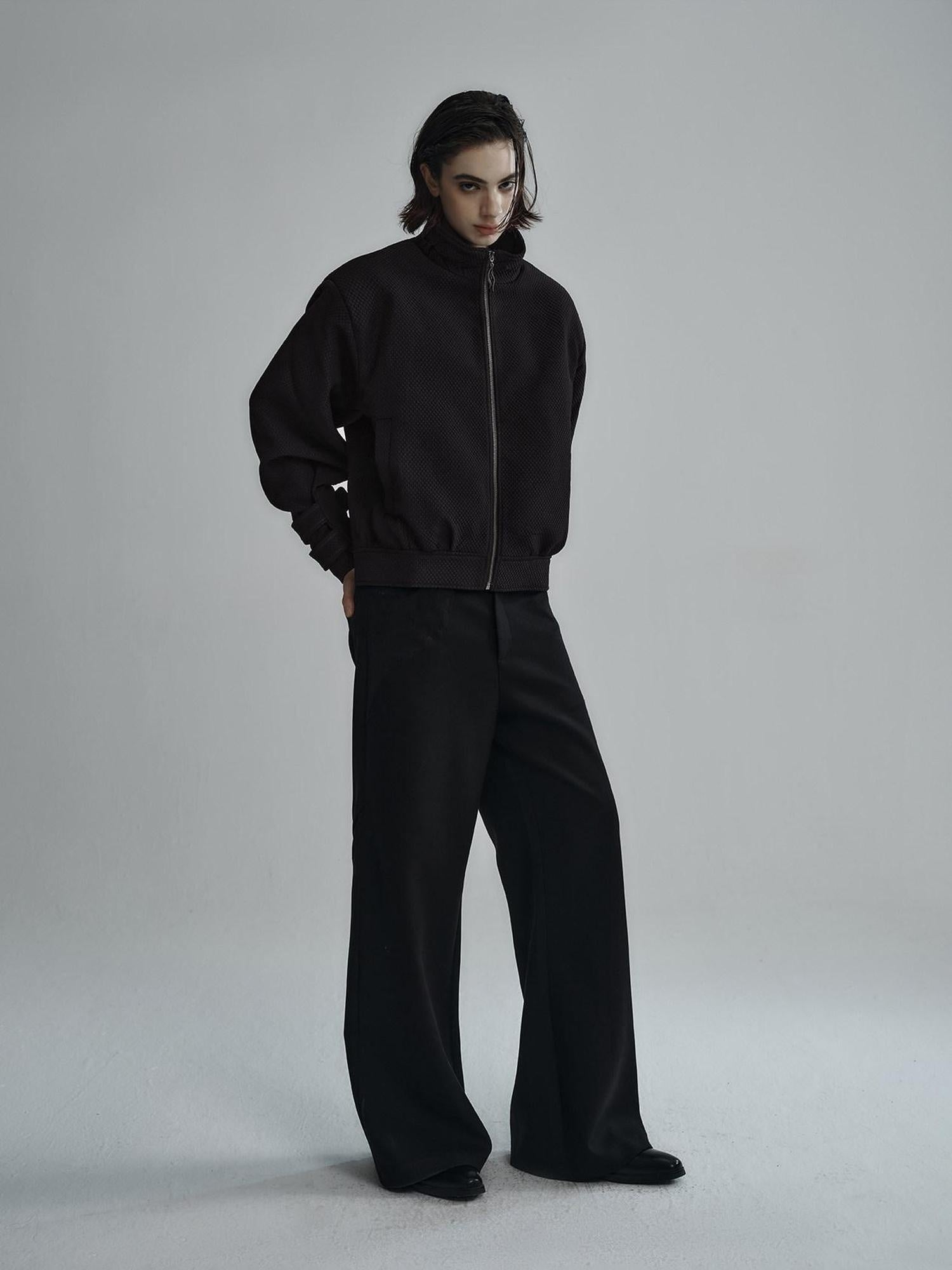 Hypeyourself Embroidered Stand Collar Minimal Oversized Unisex Black Cropped Jackets