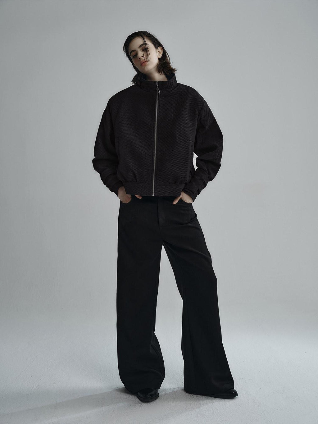 Hypeyourself Embroidered Stand Collar Minimal Oversized Unisex Black Cropped Jackets