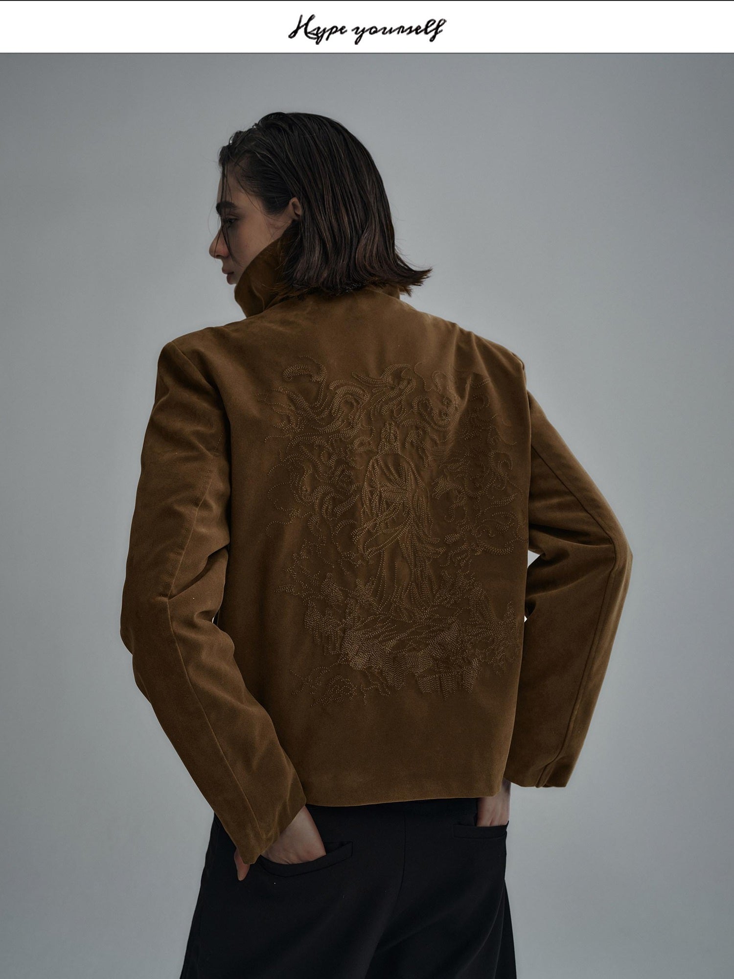 Hypeyourself Embroidered Suede High Collar Thick Minimal Unisex Black Leather Jackets