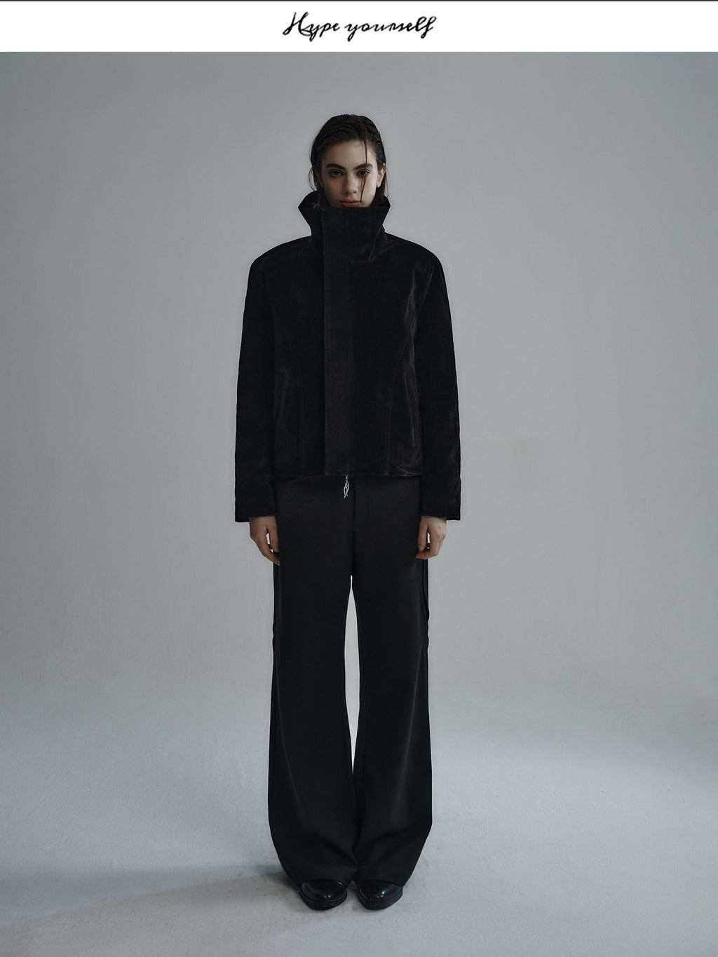 Hypeyourself Embroidered Suede High Collar Thick Minimal Unisex Black Leather Jackets