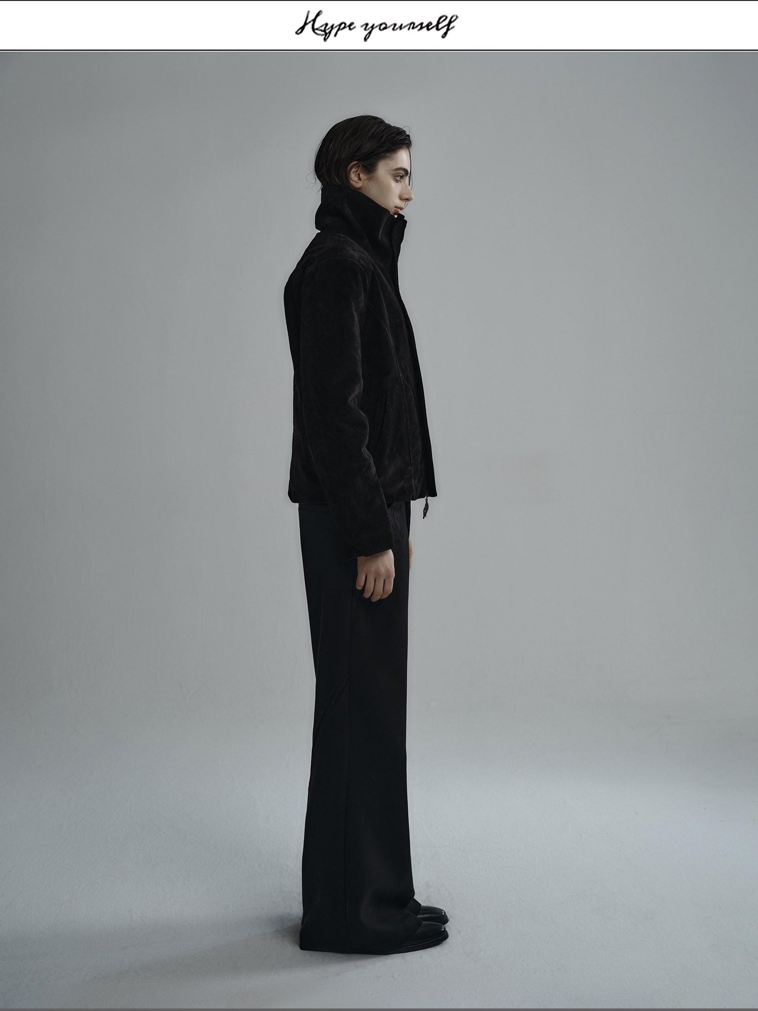 Hypeyourself Embroidered Suede High Collar Thick Minimal Unisex Black Leather Jackets