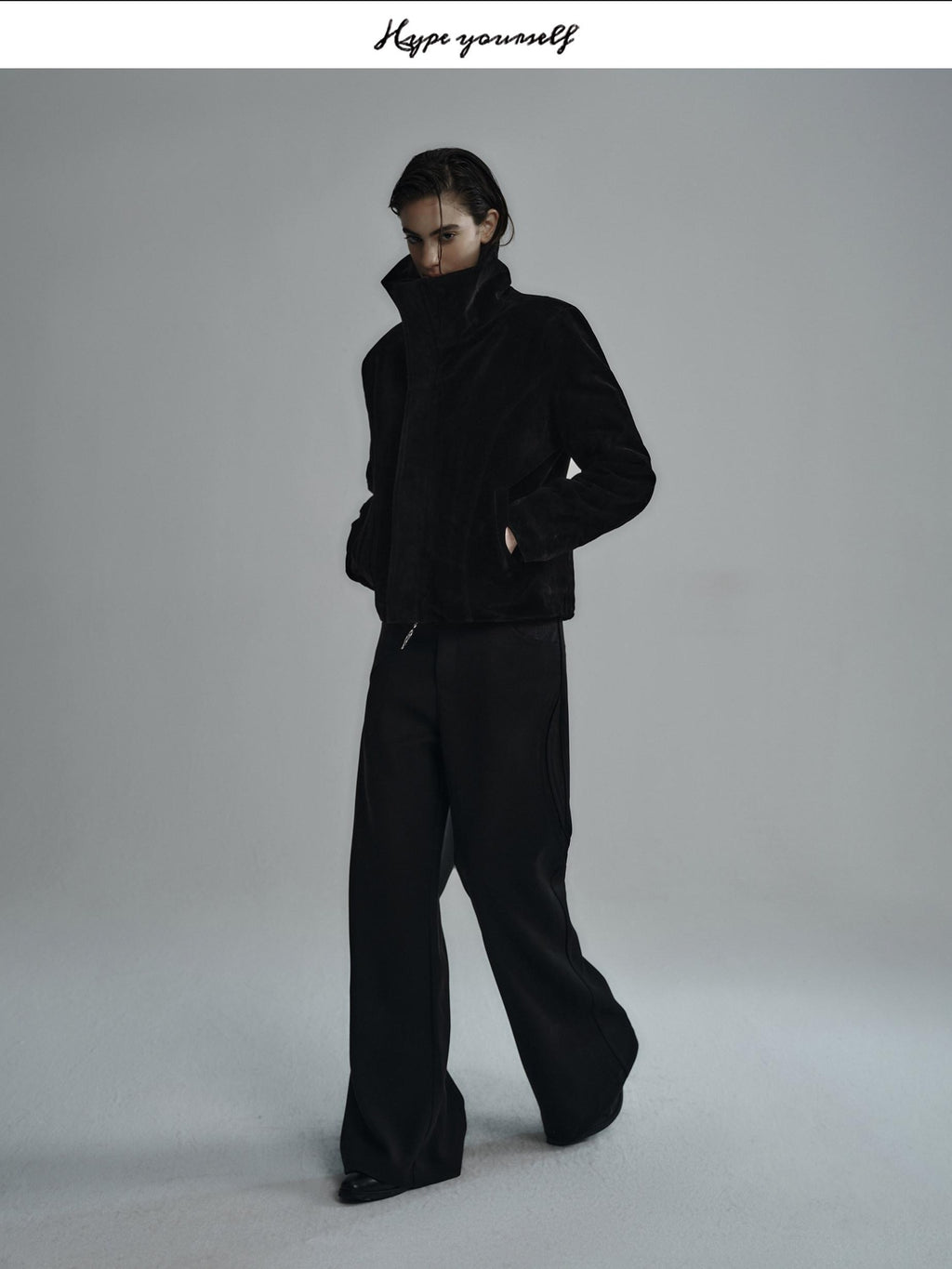 Hypeyourself Embroidered Suede High Collar Thick Minimal Unisex Black Leather Jackets