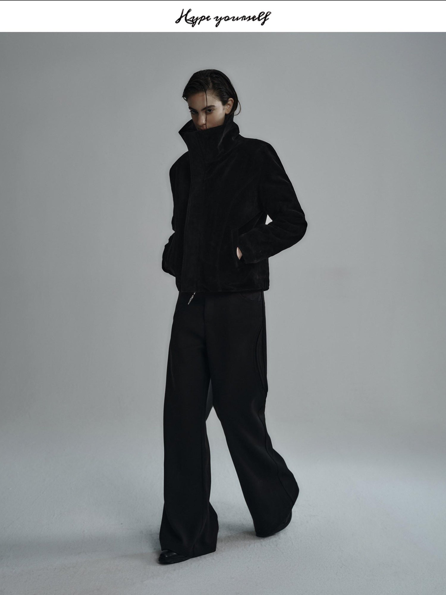 Hypeyourself Embroidered Suede High Collar Thick Minimal Unisex Black Leather Jackets