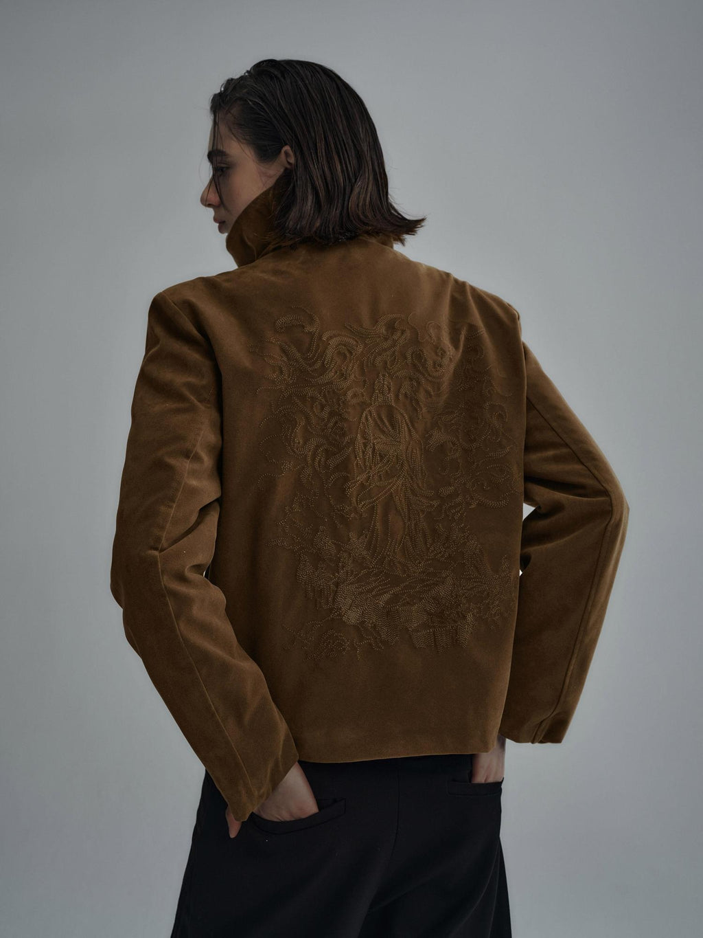 Hypeyourself Embroidered Suede High Collar Thick Minimal Unisex Black Leather Jackets