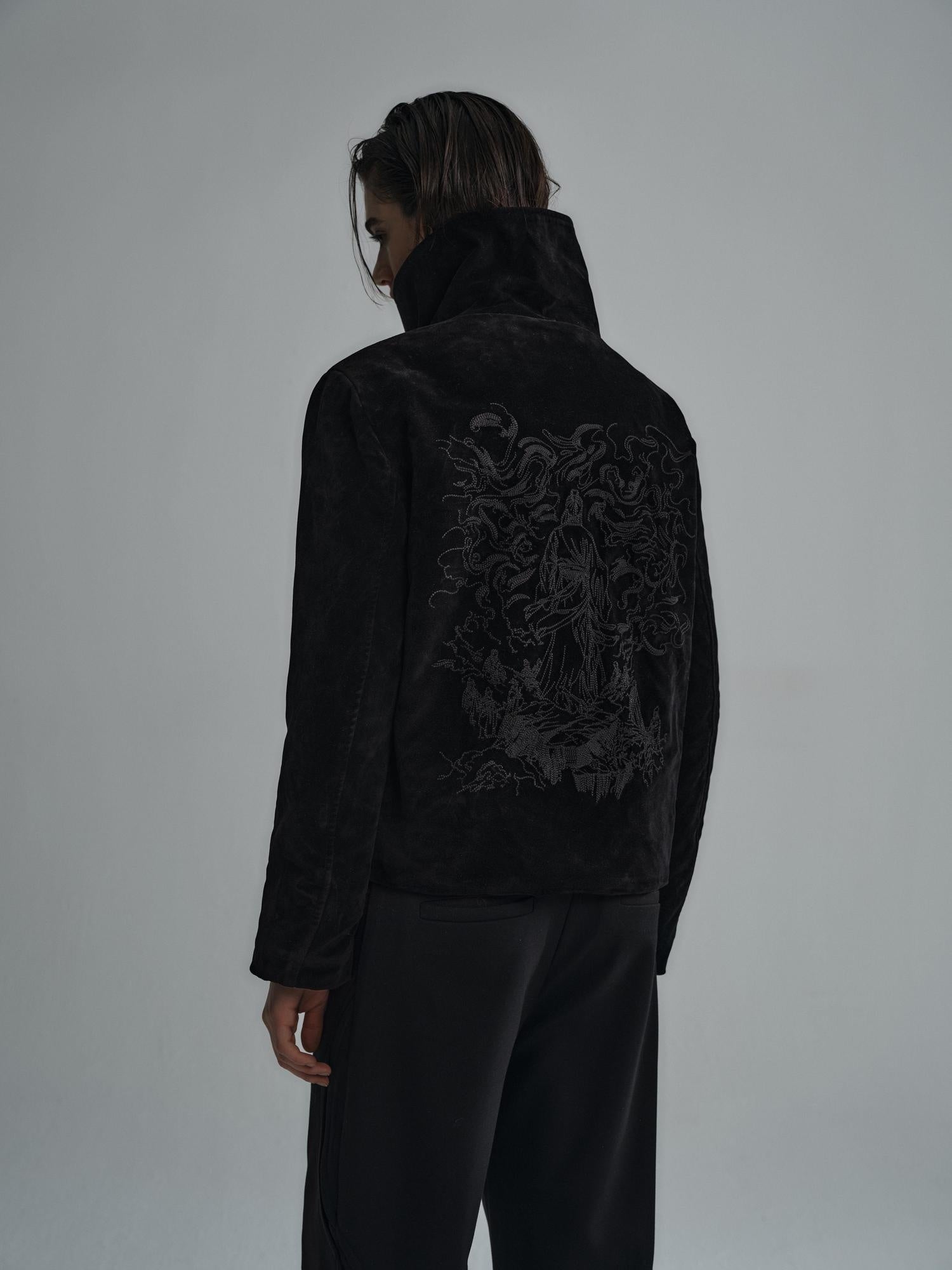 Hypeyourself Embroidered Suede High Collar Thick Minimal Unisex Black Leather Jackets