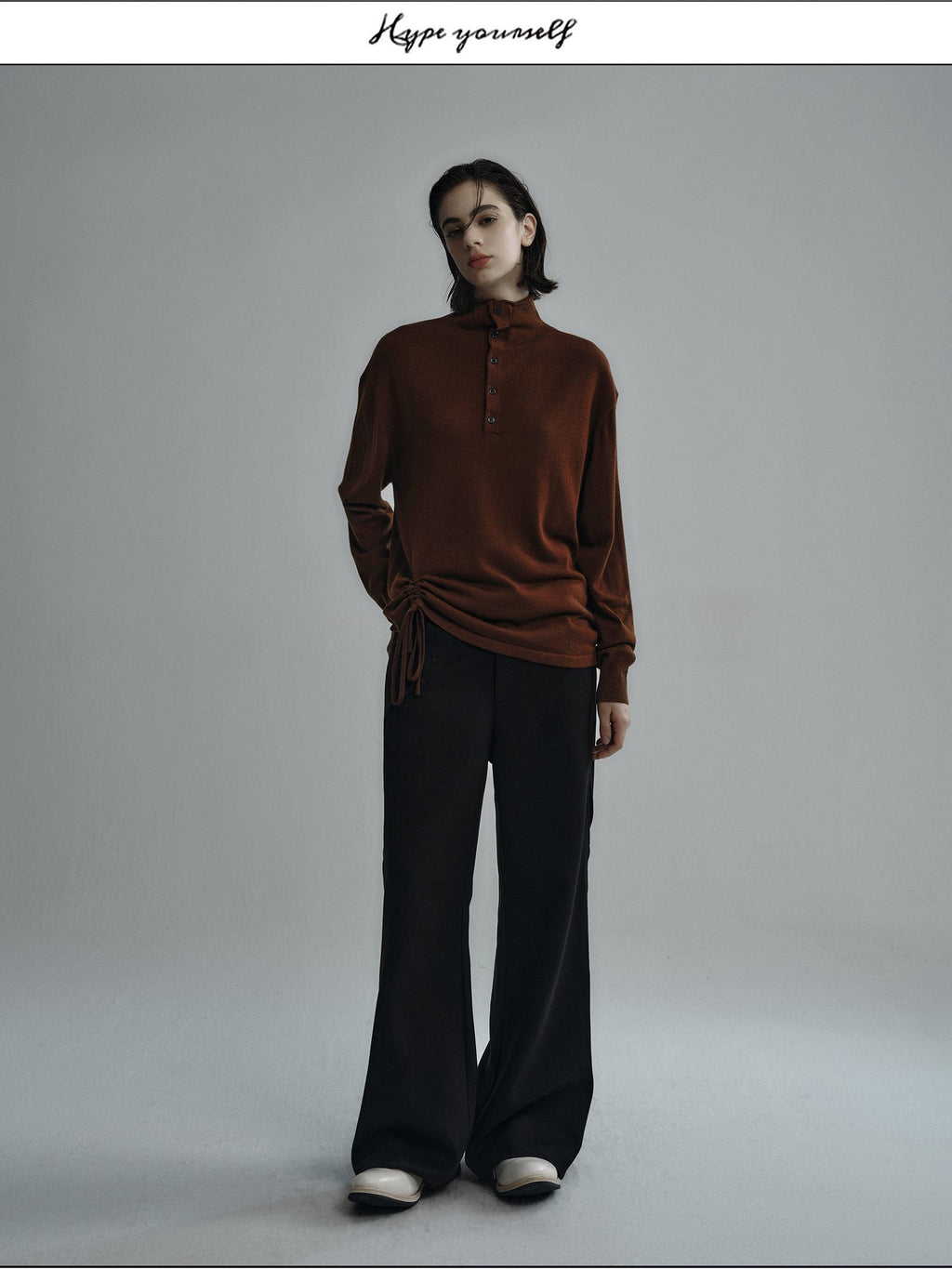 Hypeyourself Embroidered Wool Loose Fit Half Turtleneck Button Pullover Unisex Sweaters