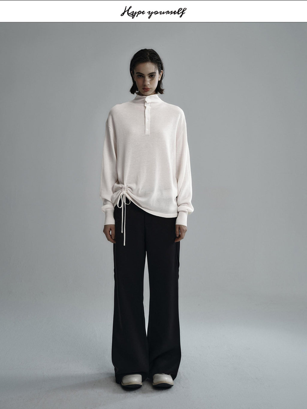 Hypeyourself Embroidered Wool Loose Fit Half Turtleneck Button Pullover Unisex Sweaters