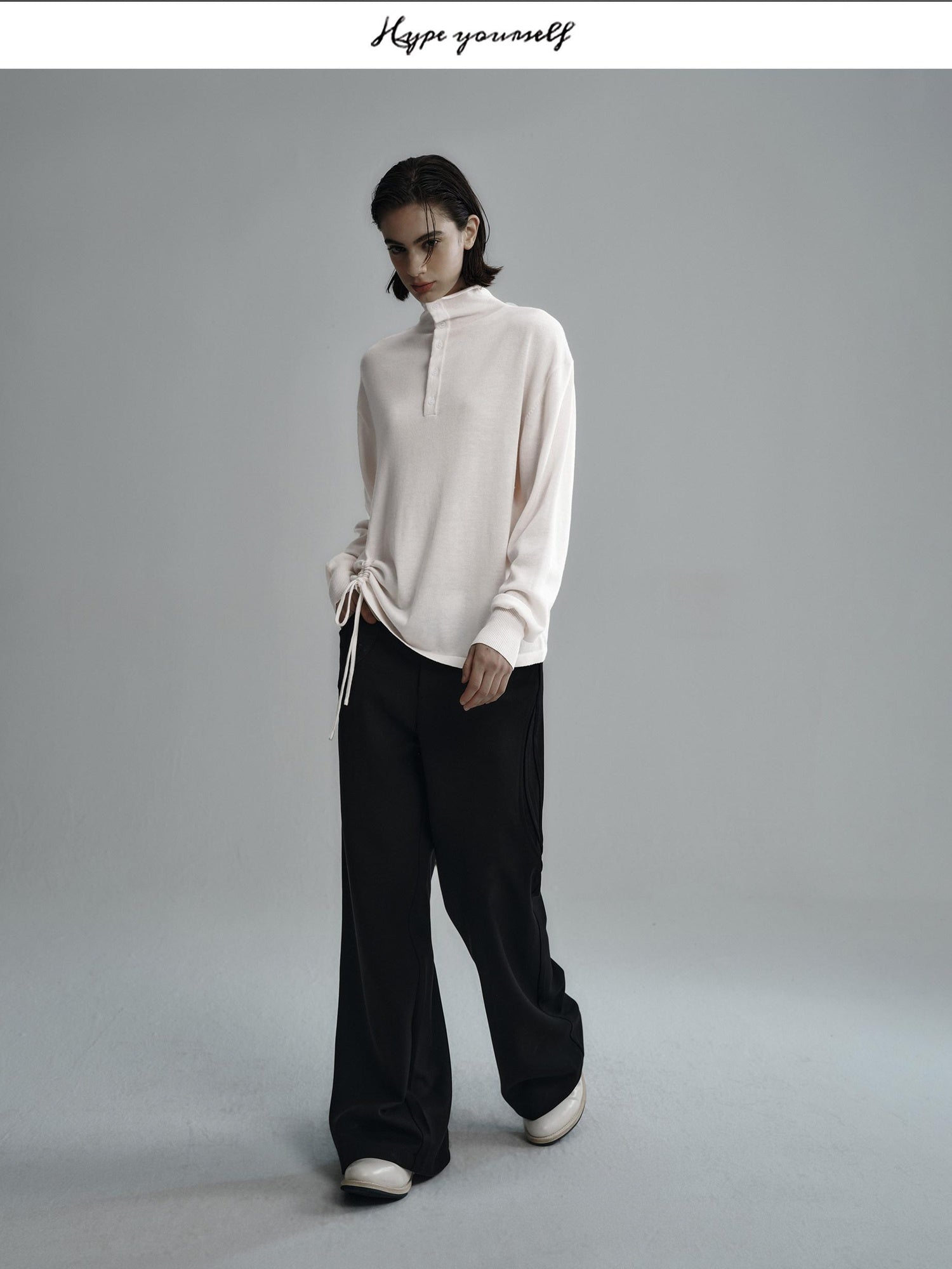 Hypeyourself Embroidered Wool Loose Fit Half Turtleneck Button Pullover Unisex Sweaters