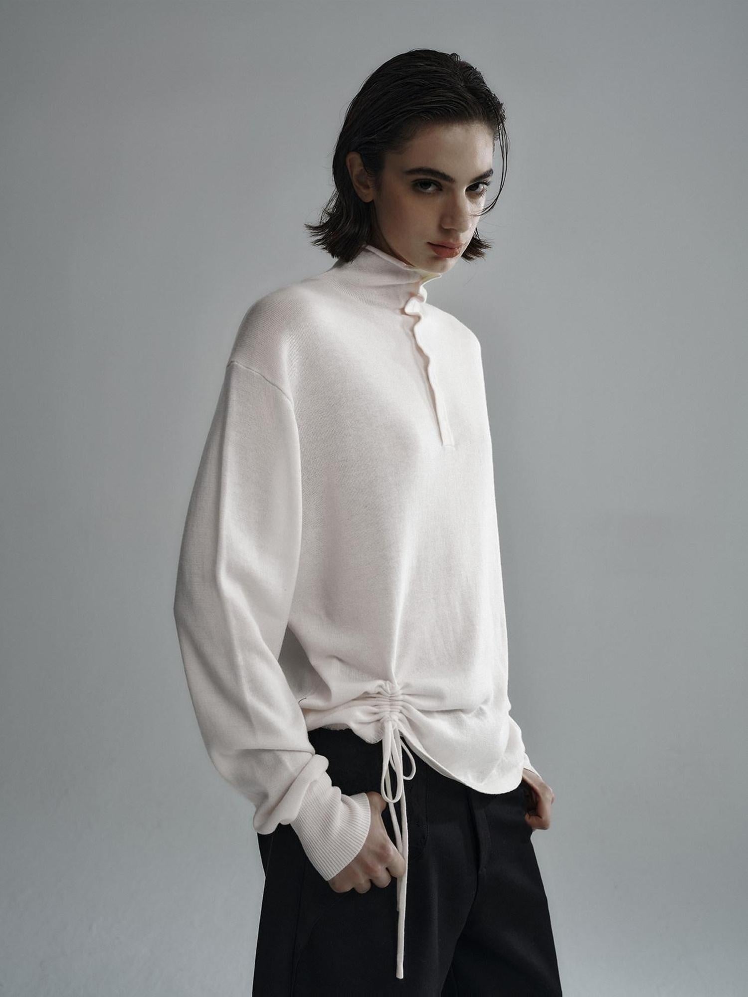 Hypeyourself Embroidered Wool Loose Fit Half Turtleneck Button Pullover Unisex Sweaters