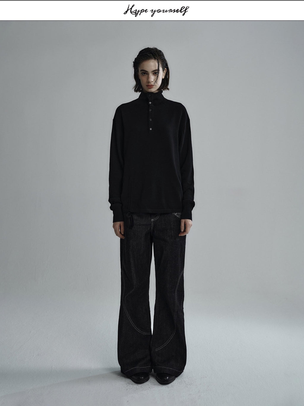 Hypeyourself Embroidered Wool Loose Fit Half Turtleneck Button Pullover Unisex Sweaters