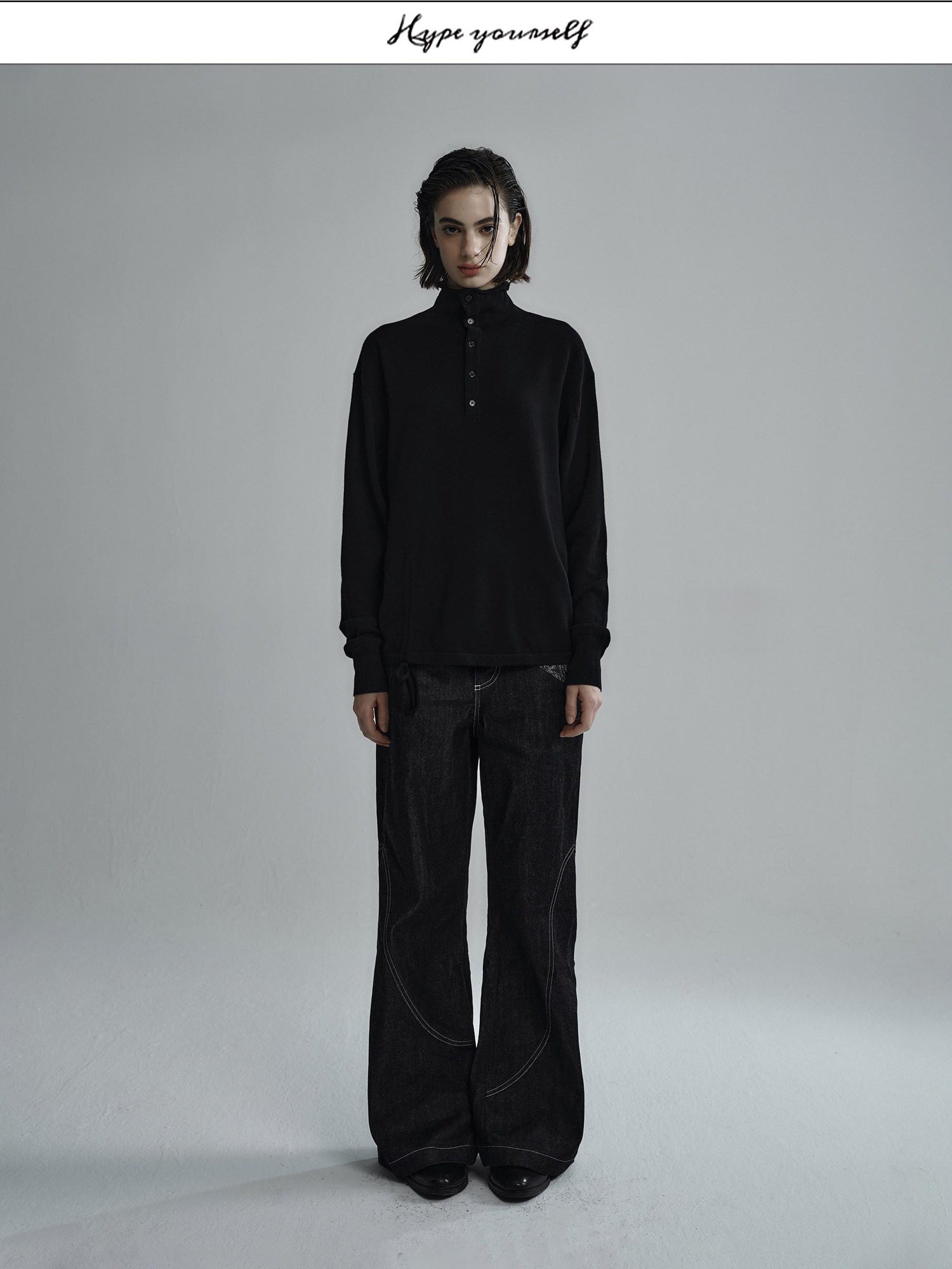 Hypeyourself Embroidered Wool Loose Fit Half Turtleneck Button Pullover Unisex Sweaters