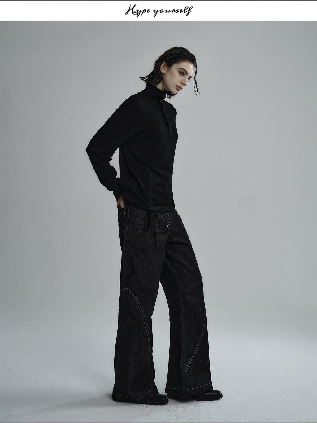 Hypeyourself Embroidered Wool Loose Fit Half Turtleneck Button Pullover Unisex Sweaters