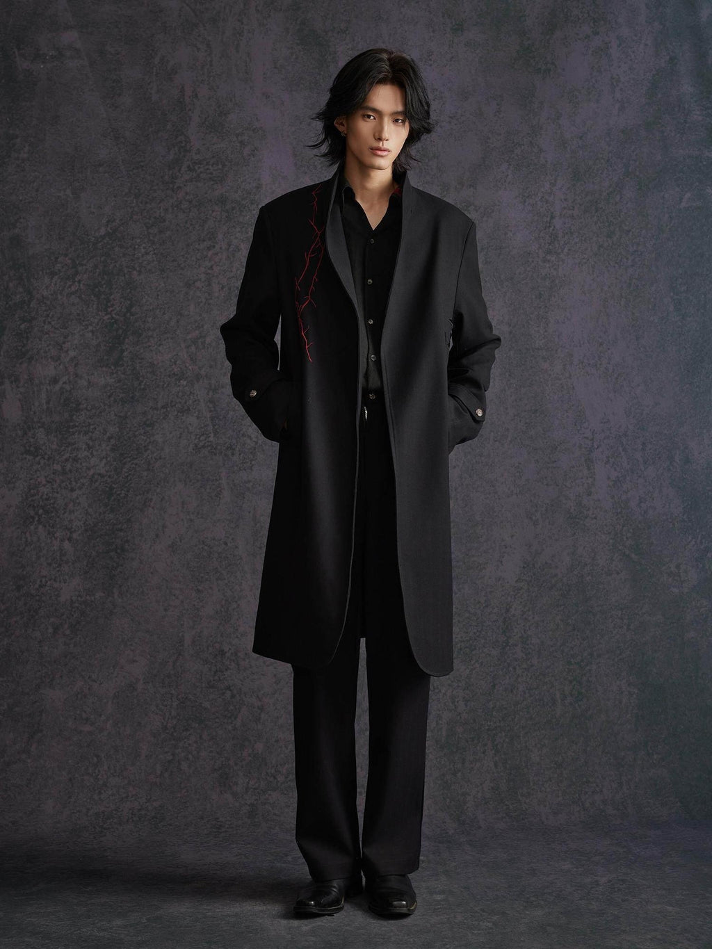Hypeyourself Floral Print Modern Urban Stand Collar Mid Length Open Front Long Coats