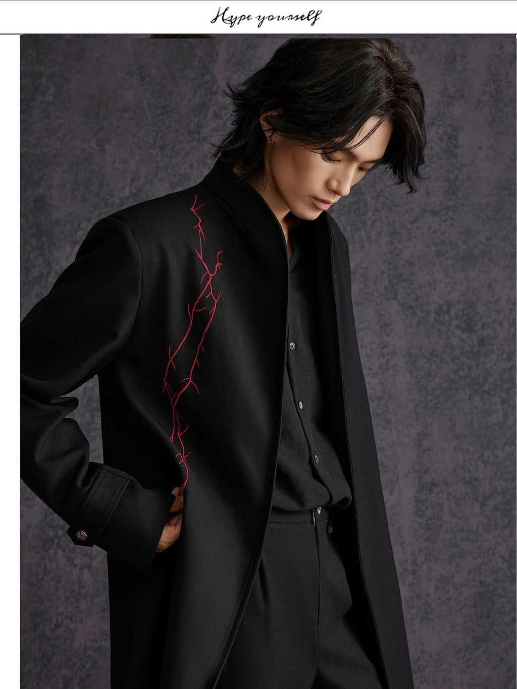 Hypeyourself Floral Print Modern Urban Stand Collar Mid Length Open Front Long Coats