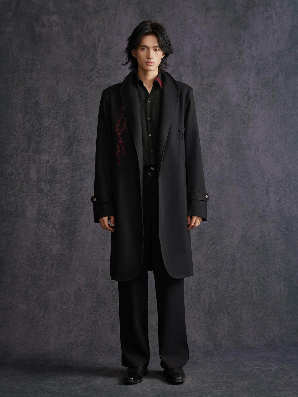 Hypeyourself Floral Stand Collar Mid Length No Button Modern Urban Everyday Black Long Coats