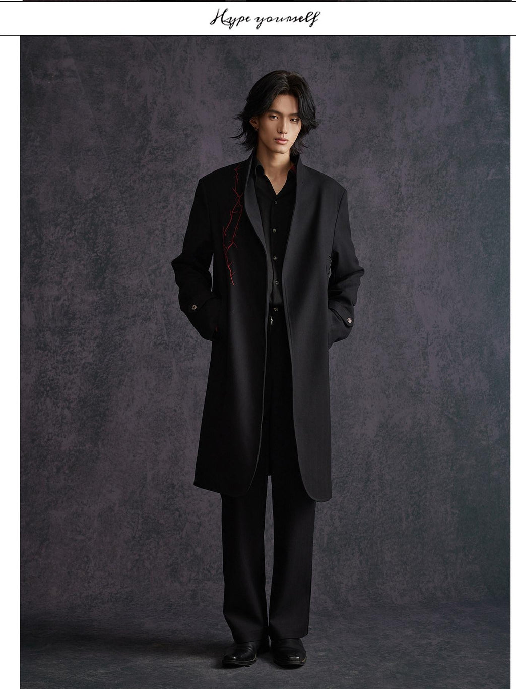 Hypeyourself Floral Stand Collar Mid Length No Button Modern Urban Everyday Black Long Coats