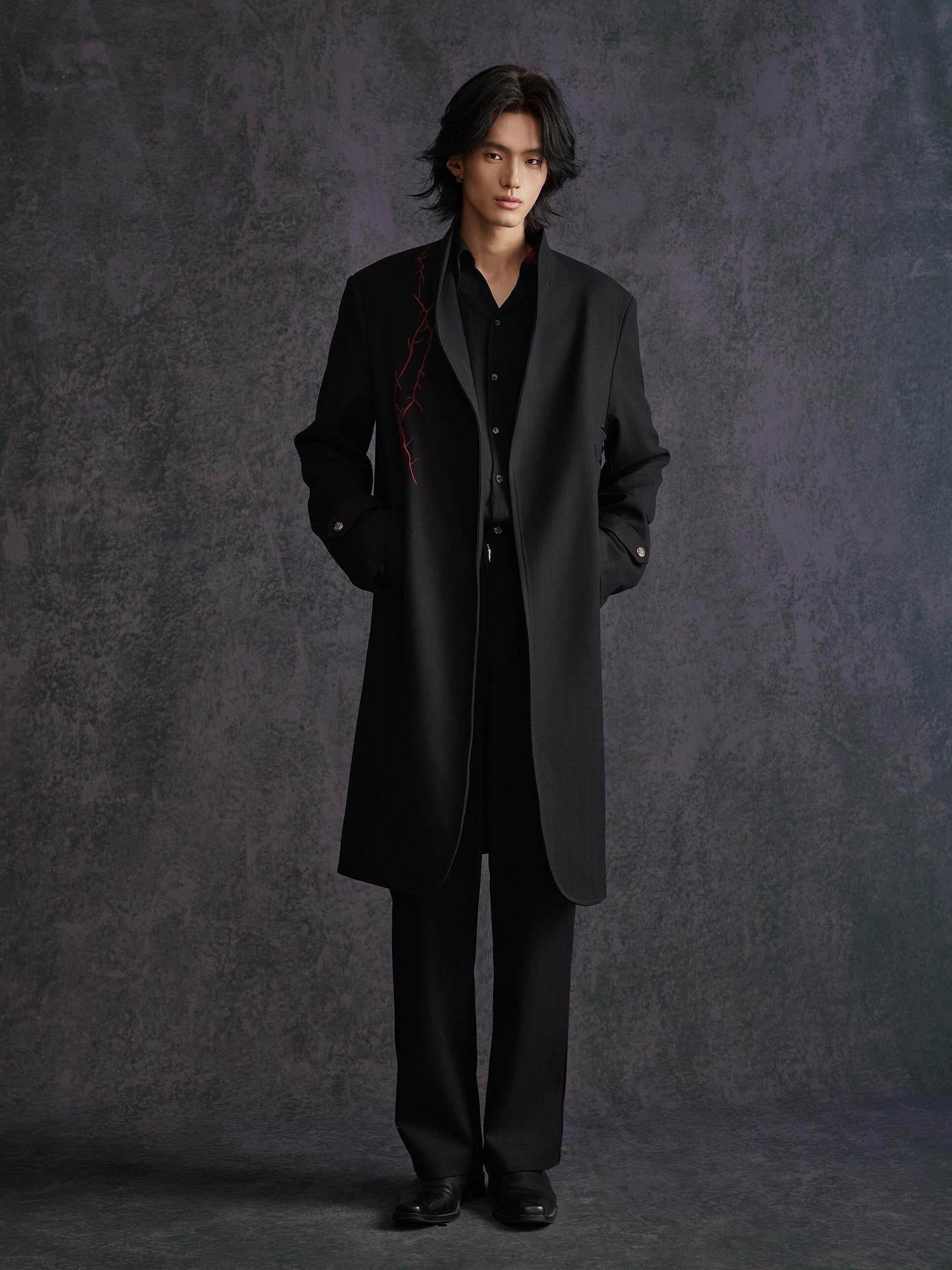 Hypeyourself Floral Stand Collar Mid Length No Button Modern Urban Everyday Black Long Coats