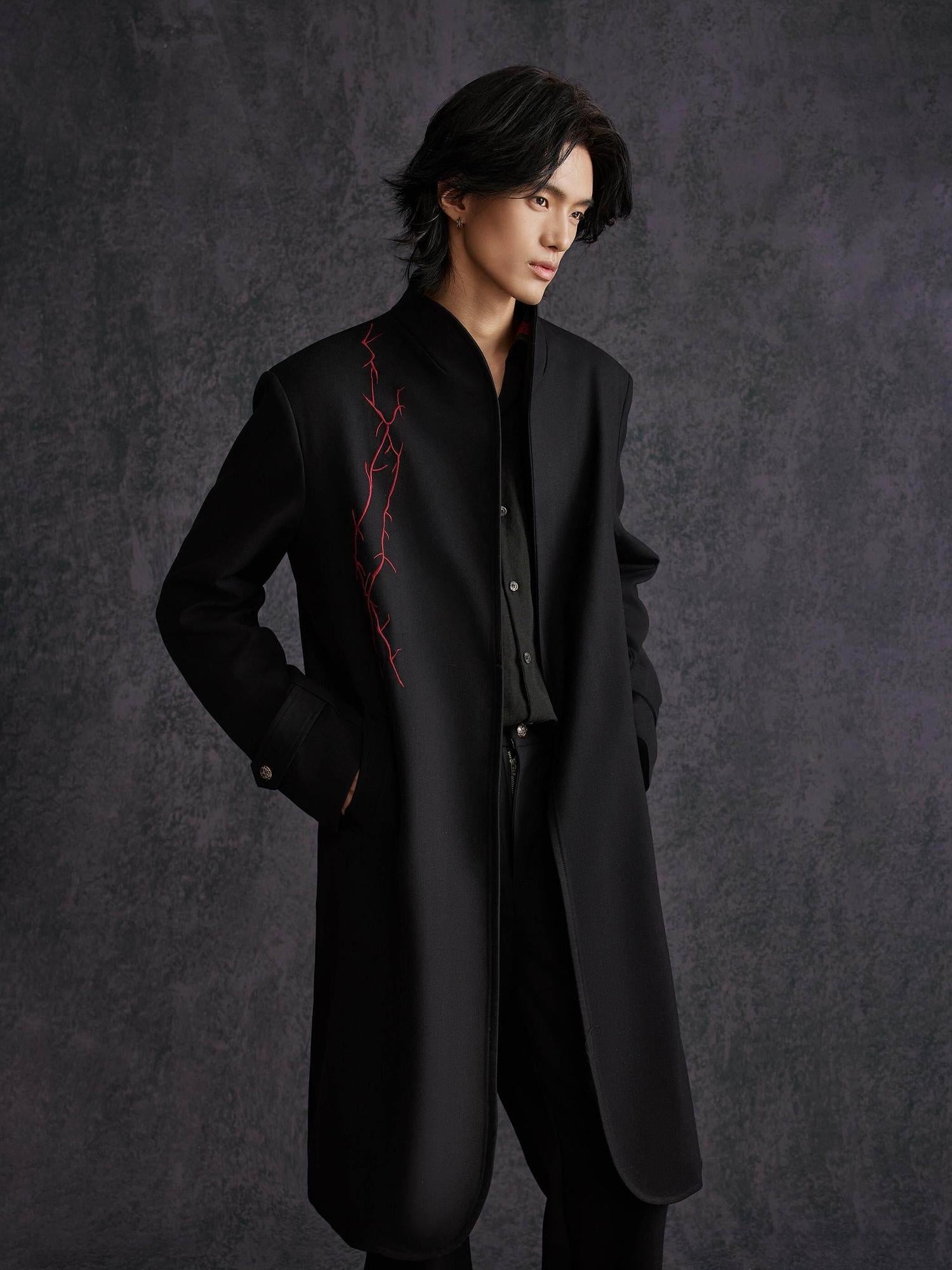 Hypeyourself Floral Stand Collar Mid Length No Button Modern Urban Everyday Black Long Coats