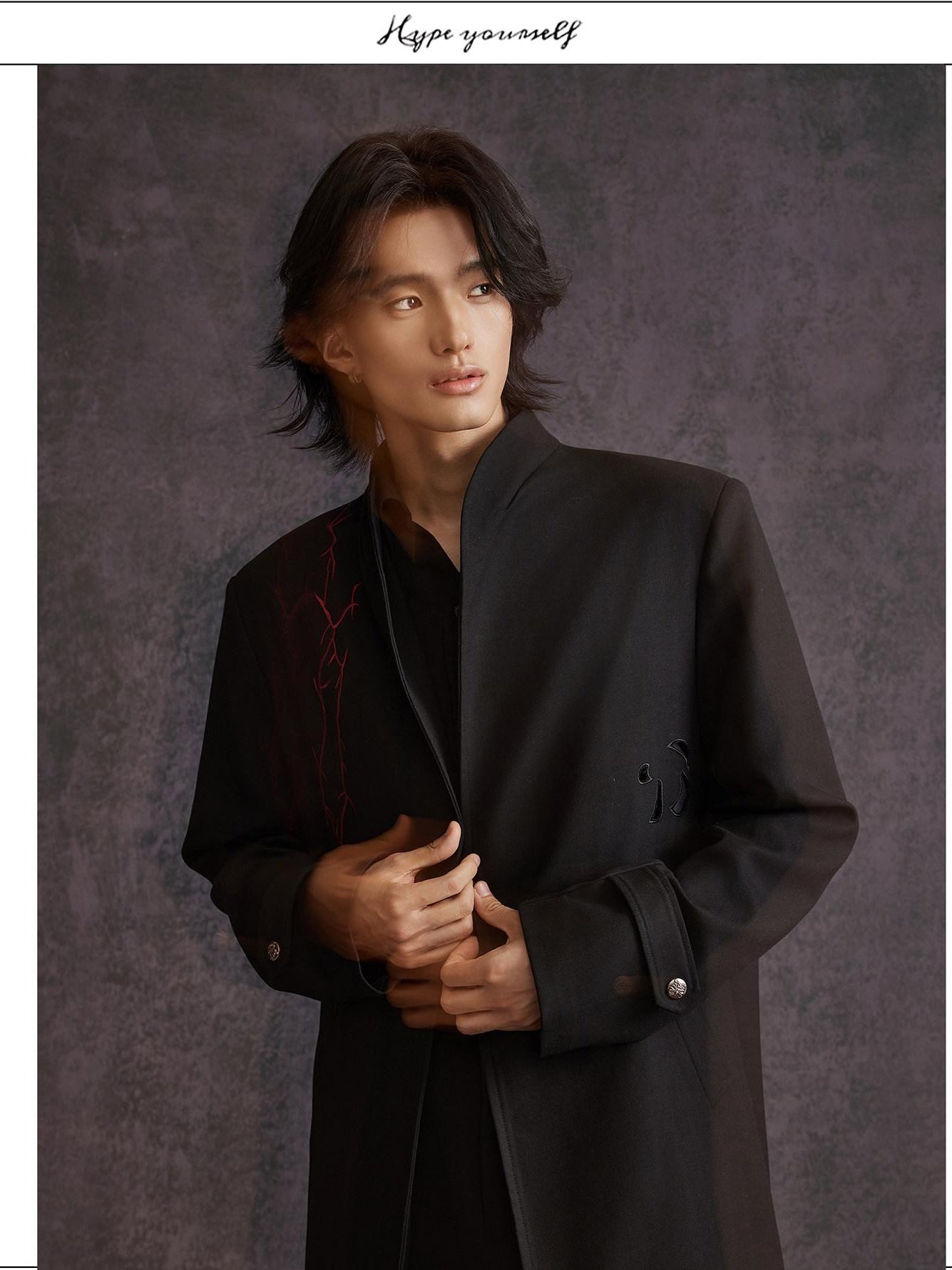 Hypeyourself Floral Stand Collar Mid Length No Button Modern Urban Everyday Black Long Coats