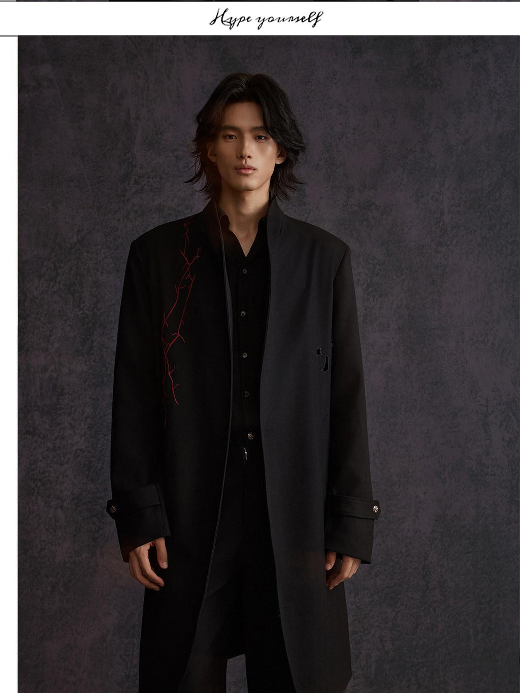 Hypeyourself Floral Stand Collar Mid Length No Button Modern Urban Everyday Black Long Coats