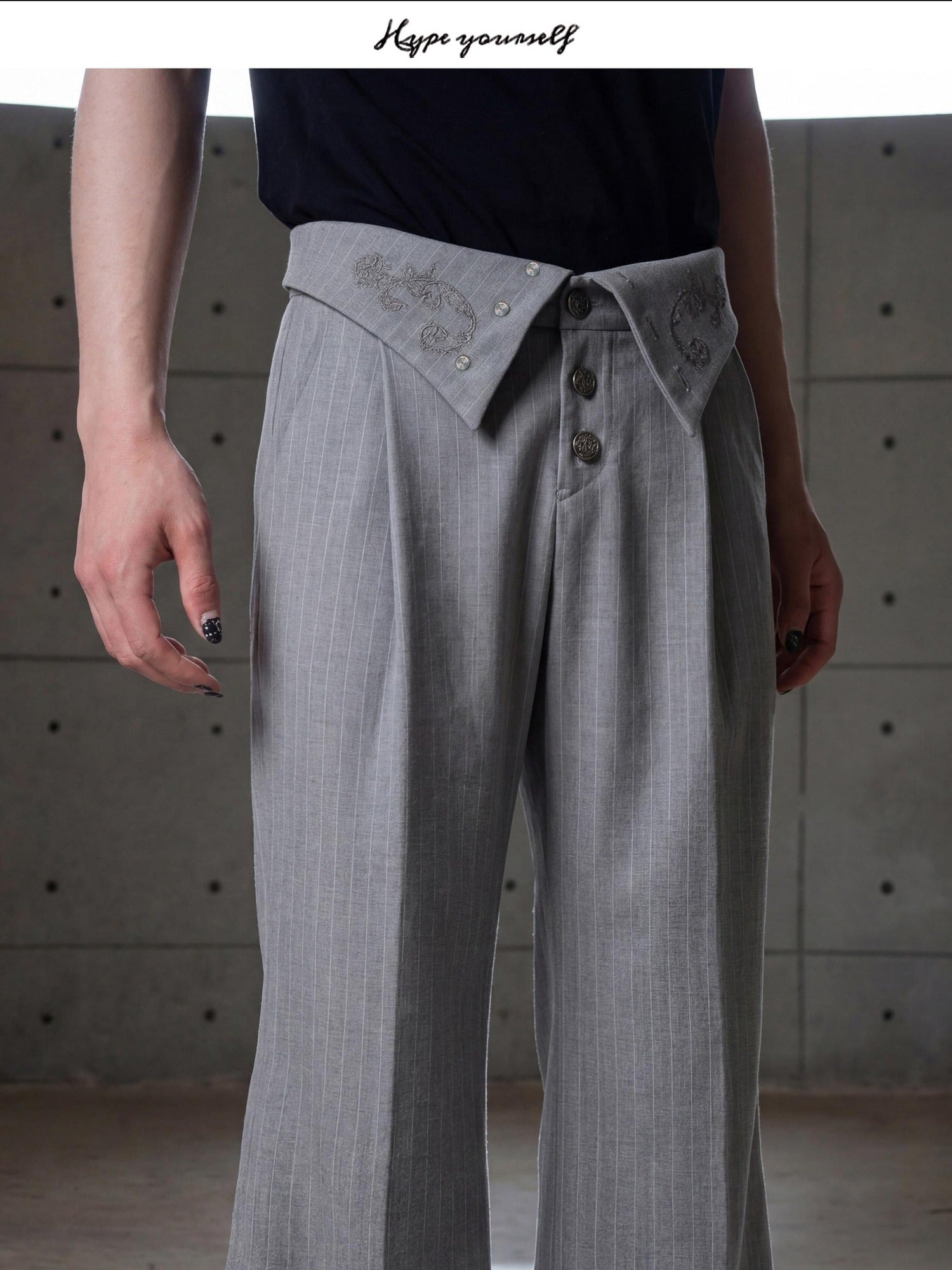 Hypeyourself High Waist Embroidered Pleated Urban Casual Business Loose Striped Flared Pants