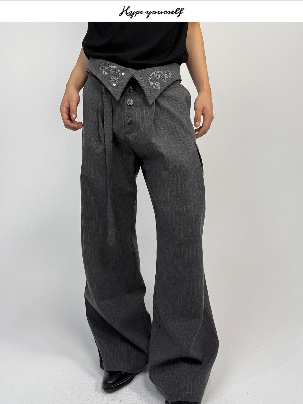 Hypeyourself High Waist Embroidered Pleated Urban Casual Business Loose Striped Flared Pants
