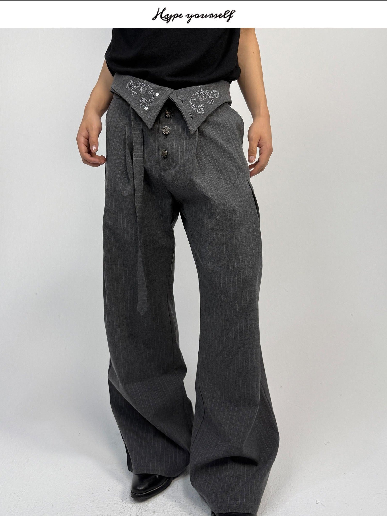 Hypeyourself High Waist Embroidered Pleated Urban Casual Business Loose Striped Flared Pants