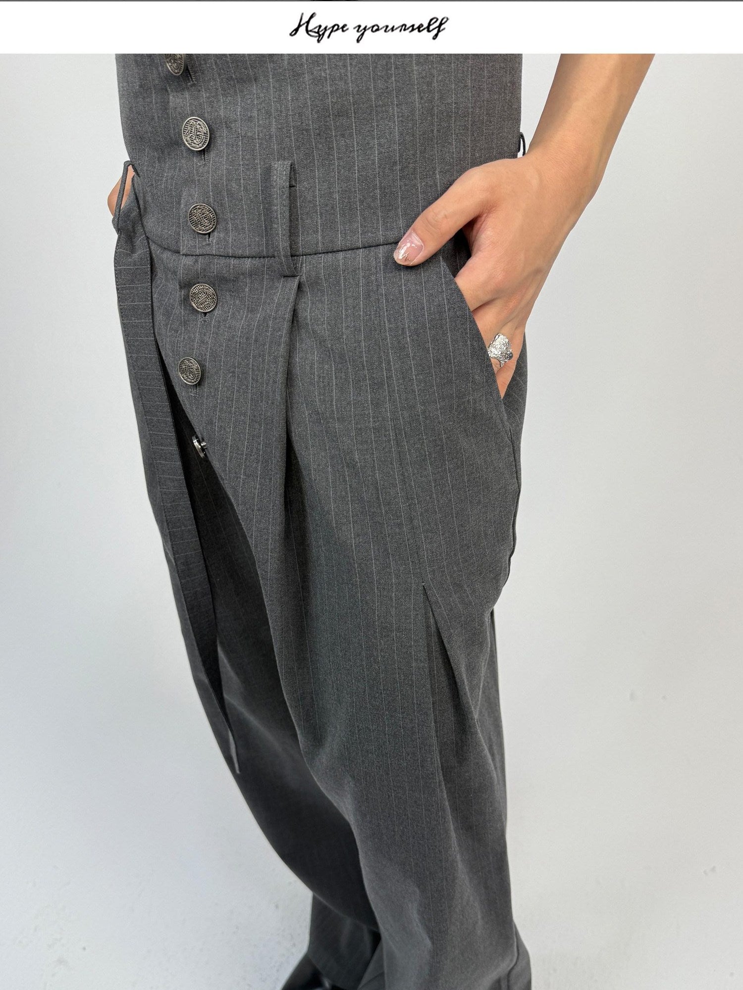 Hypeyourself High Waist Embroidered Pleated Urban Casual Business Loose Striped Flared Pants