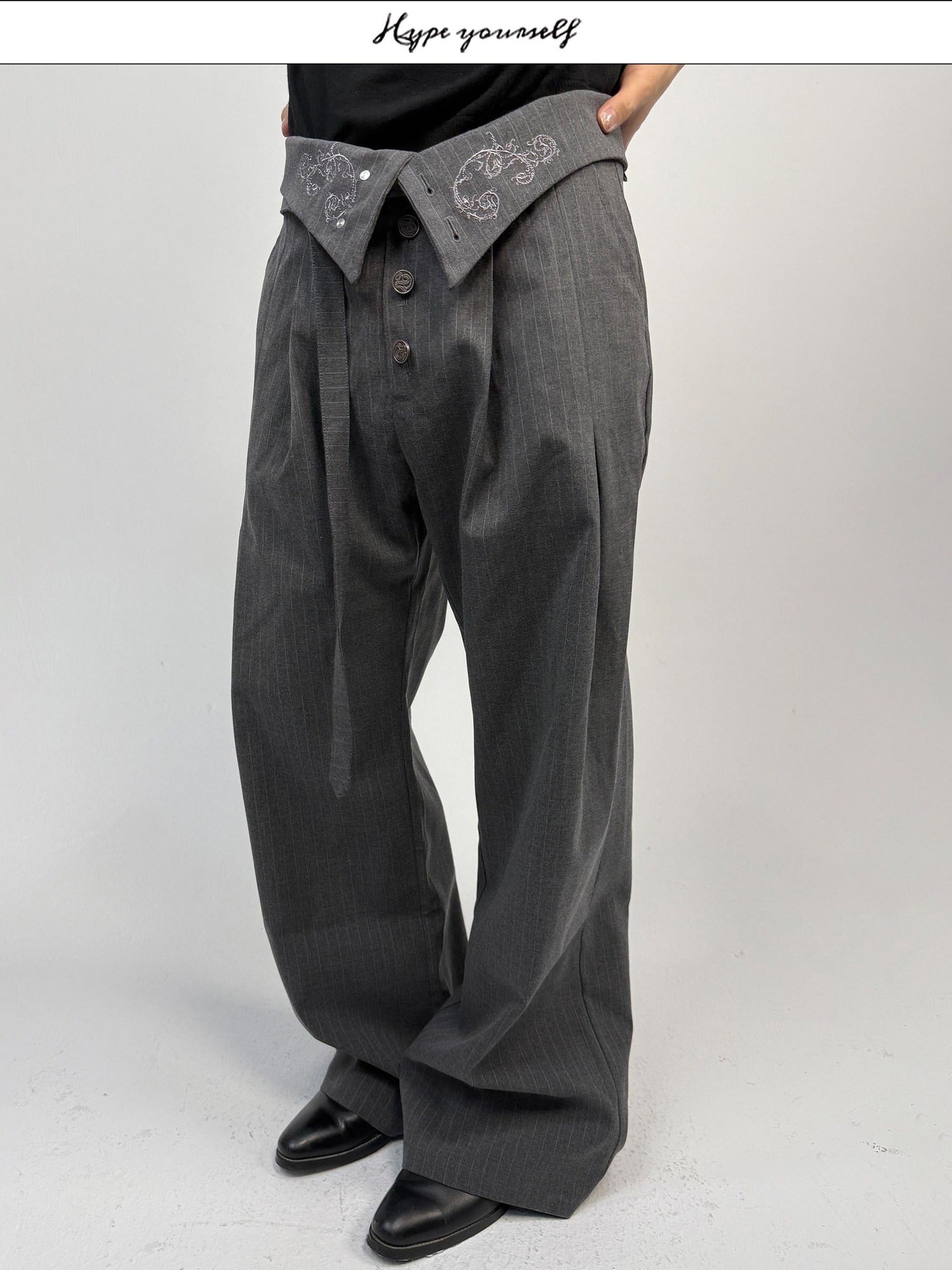Hypeyourself High Waist Embroidered Pleated Urban Casual Business Loose Striped Flared Pants