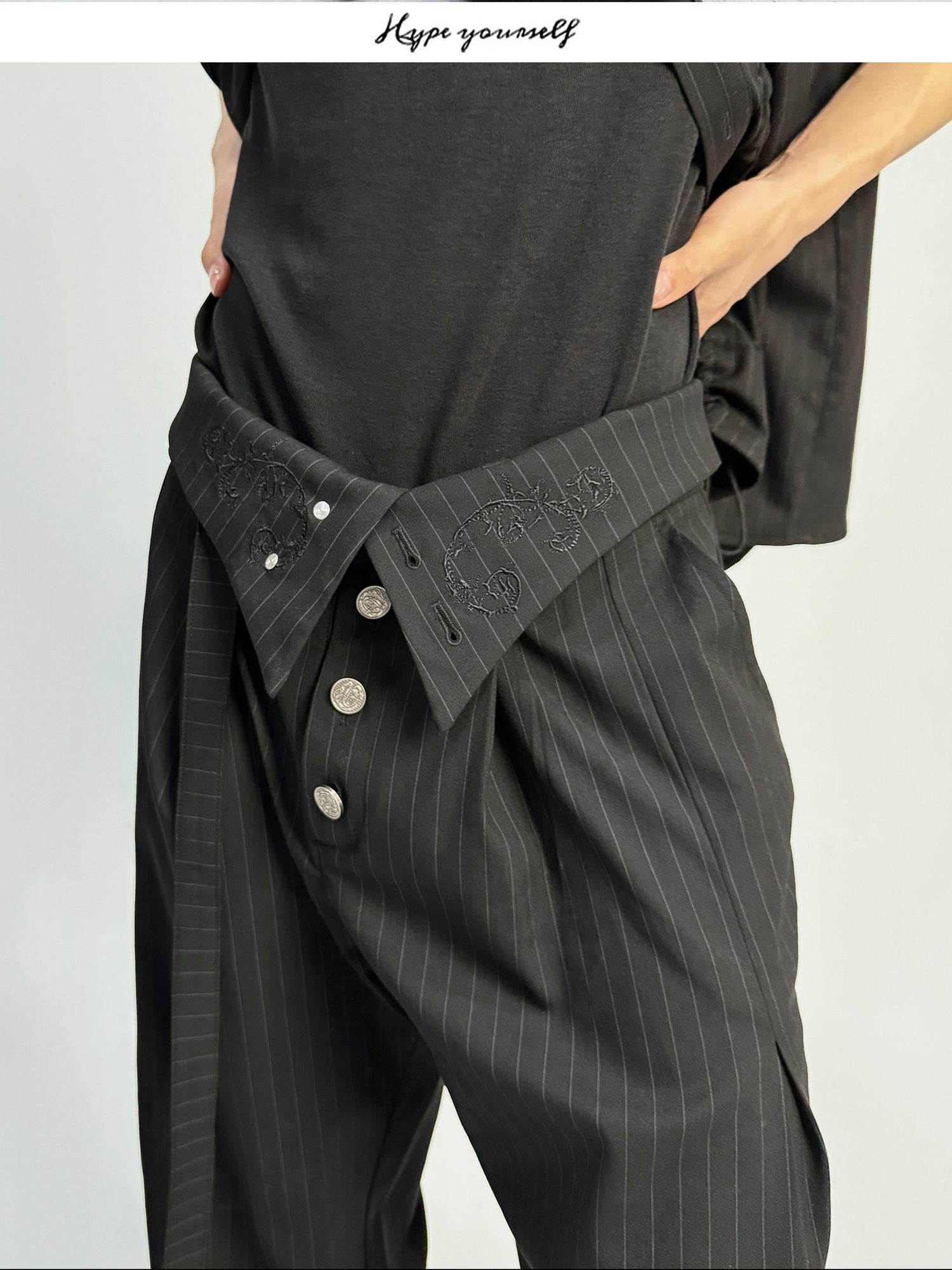 Hypeyourself High Waist Embroidered Pleated Urban Casual Business Loose Striped Flared Pants