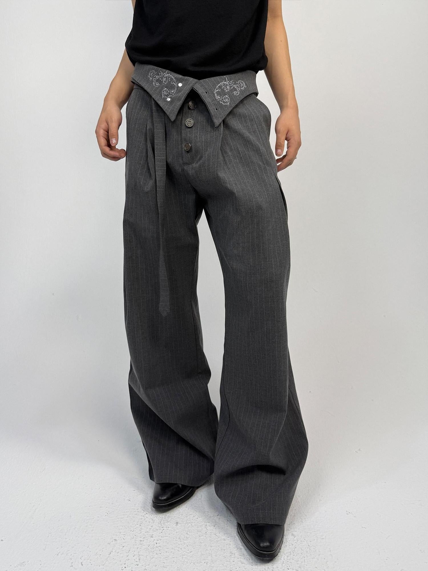 Hypeyourself High Waist Embroidered Pleated Urban Casual Business Loose Striped Flared Pants