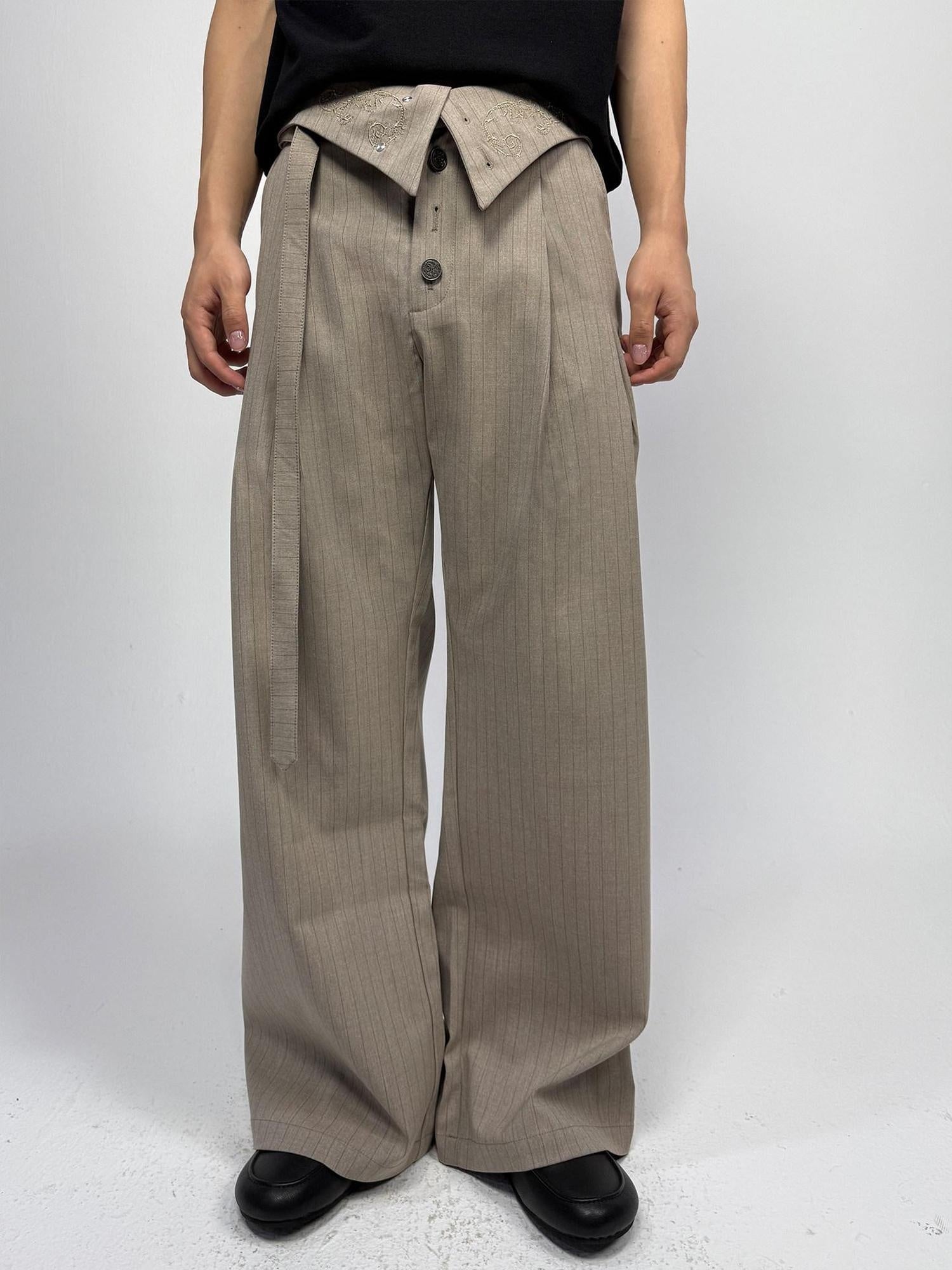 Hypeyourself High Waist Embroidered Pleated Urban Casual Business Loose Striped Flared Pants