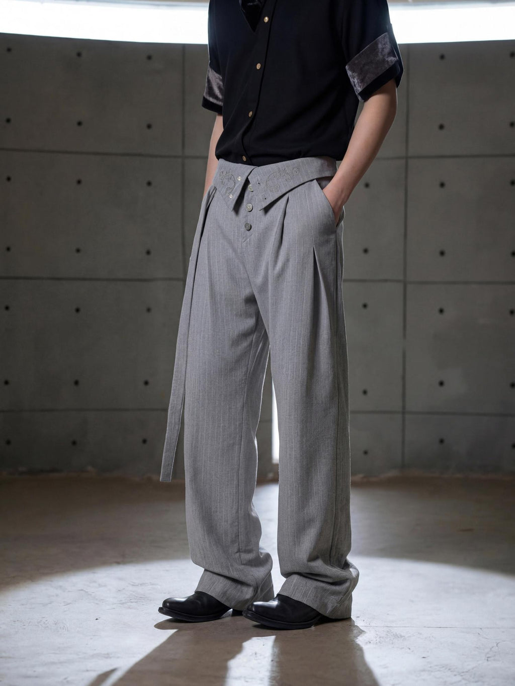 Hypeyourself High Waist Embroidered Pleated Urban Casual Business Loose Striped Flared Pants