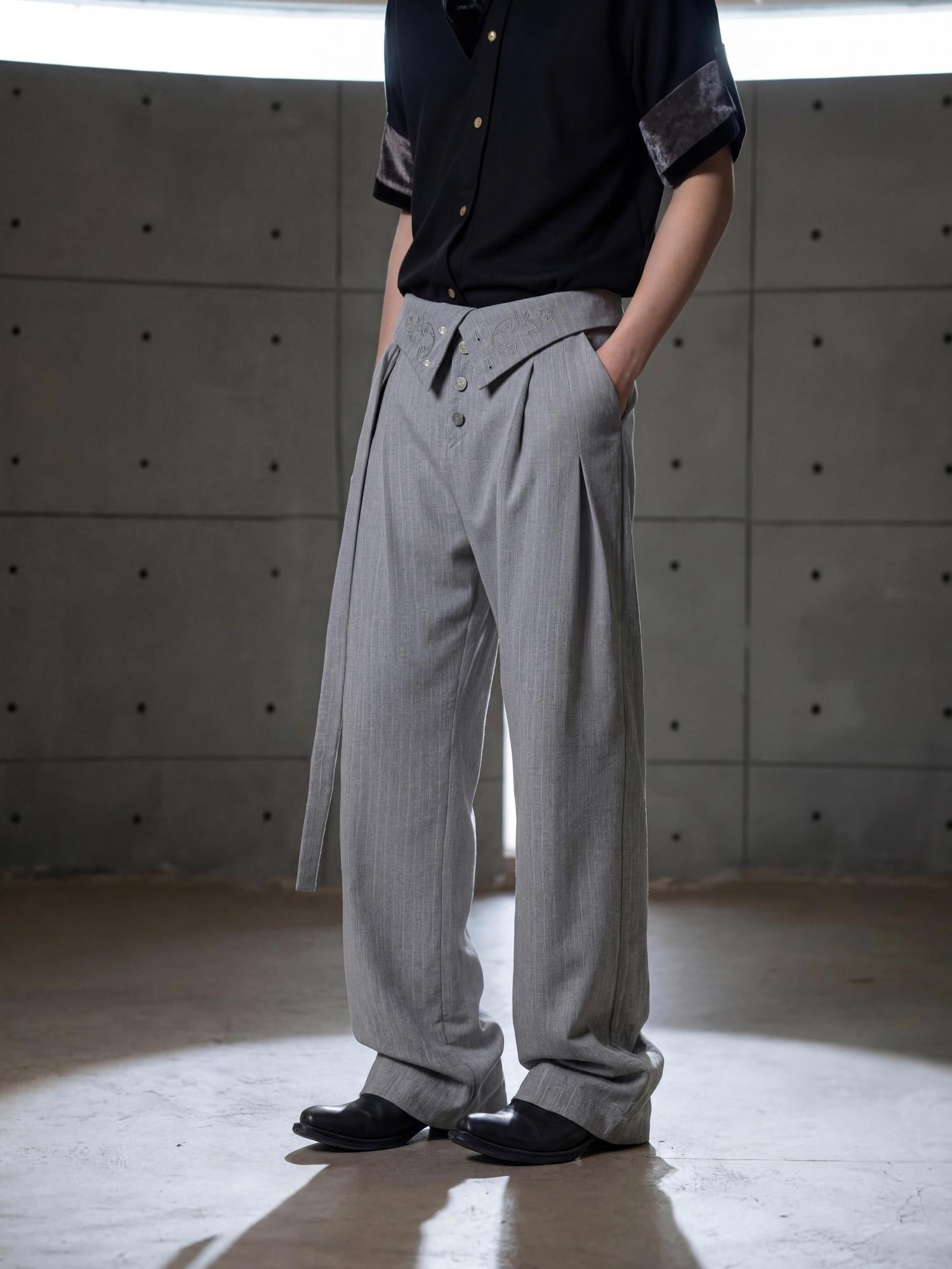 Hypeyourself High Waist Embroidered Pleated Urban Casual Business Loose Striped Flared Pants